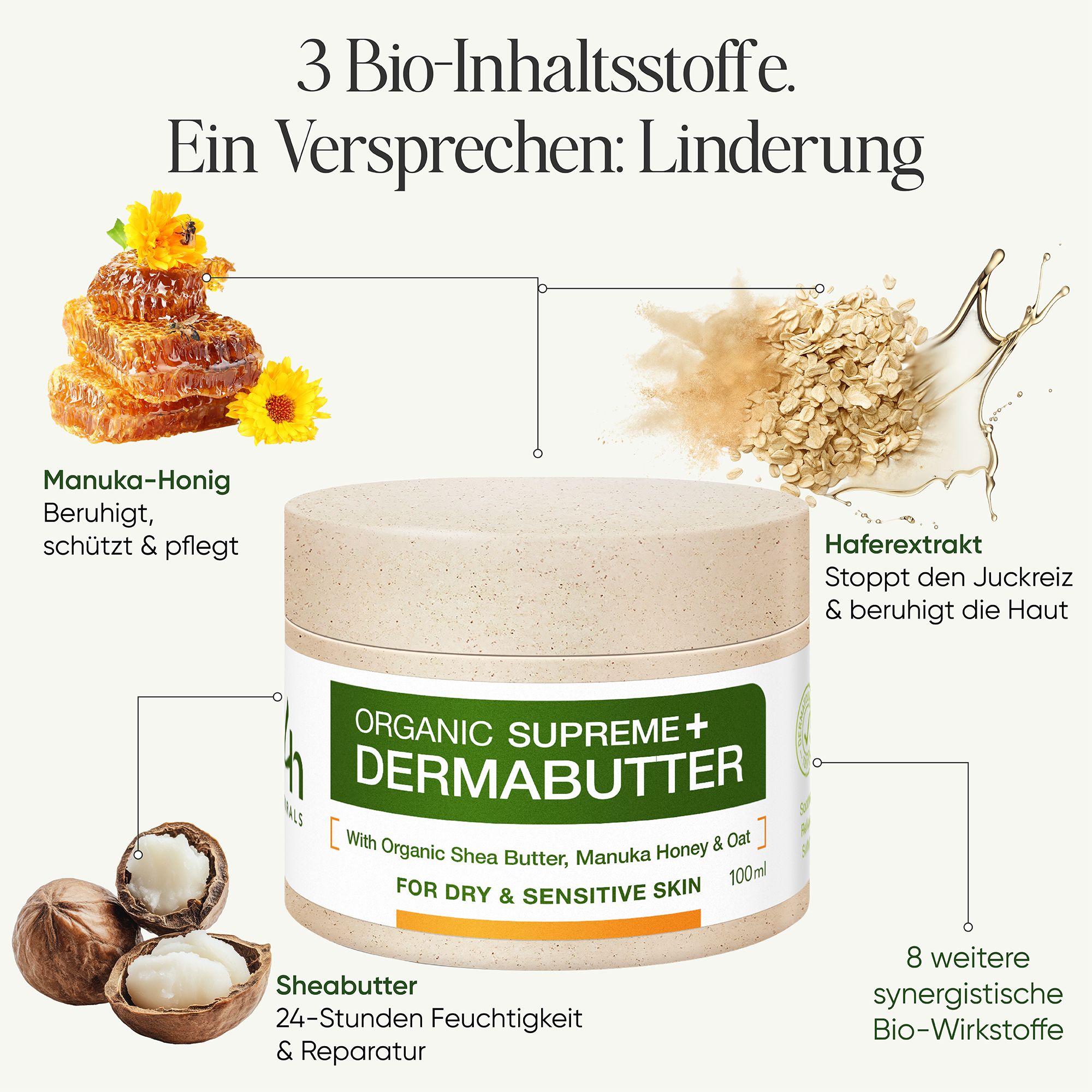 Immagine del prodotto con ingredienti. Testo: 3 ingredienti bio. Una promessa: sollievo. Miele di Manuka, avena, burro di karité.