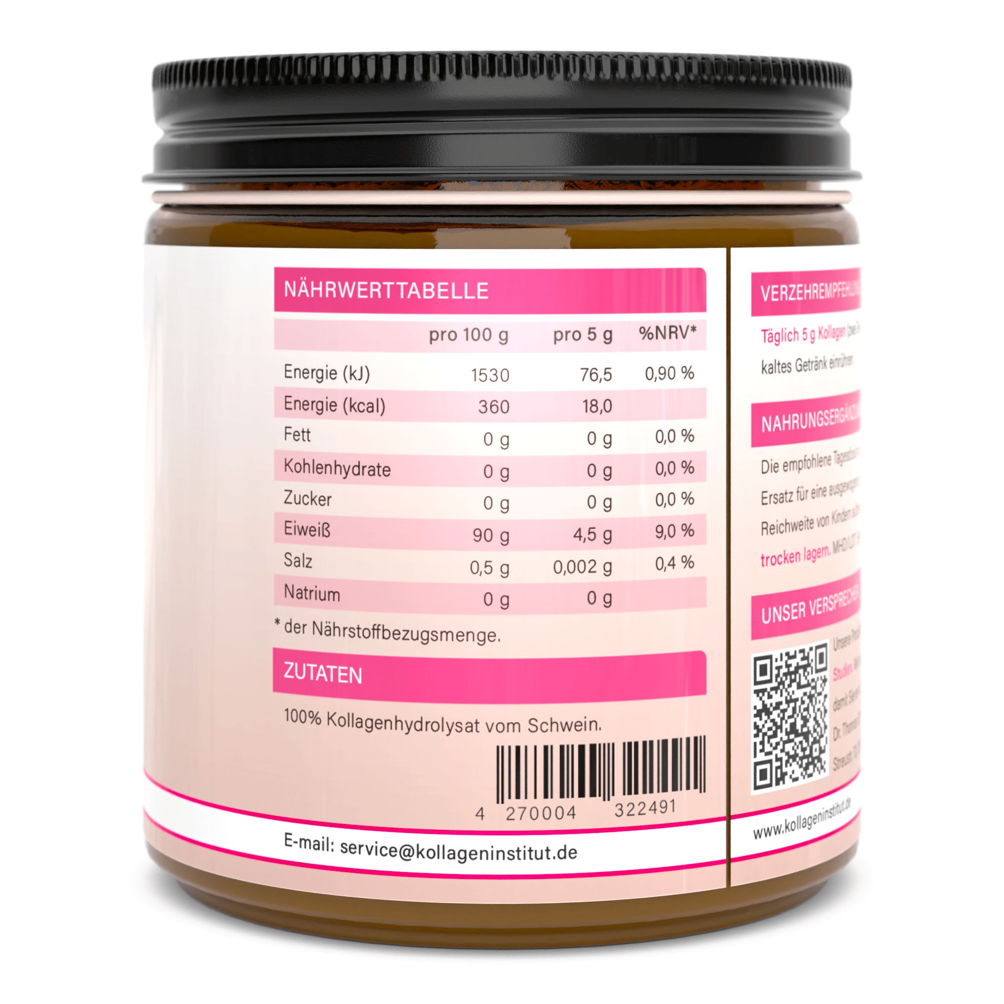 Tabella nutrizionale su etichetta rosa. Informazioni per 100g e 5g. Contiene informazioni su energia, grassi, carboidrati, zuccheri, proteine, sale, sodio.