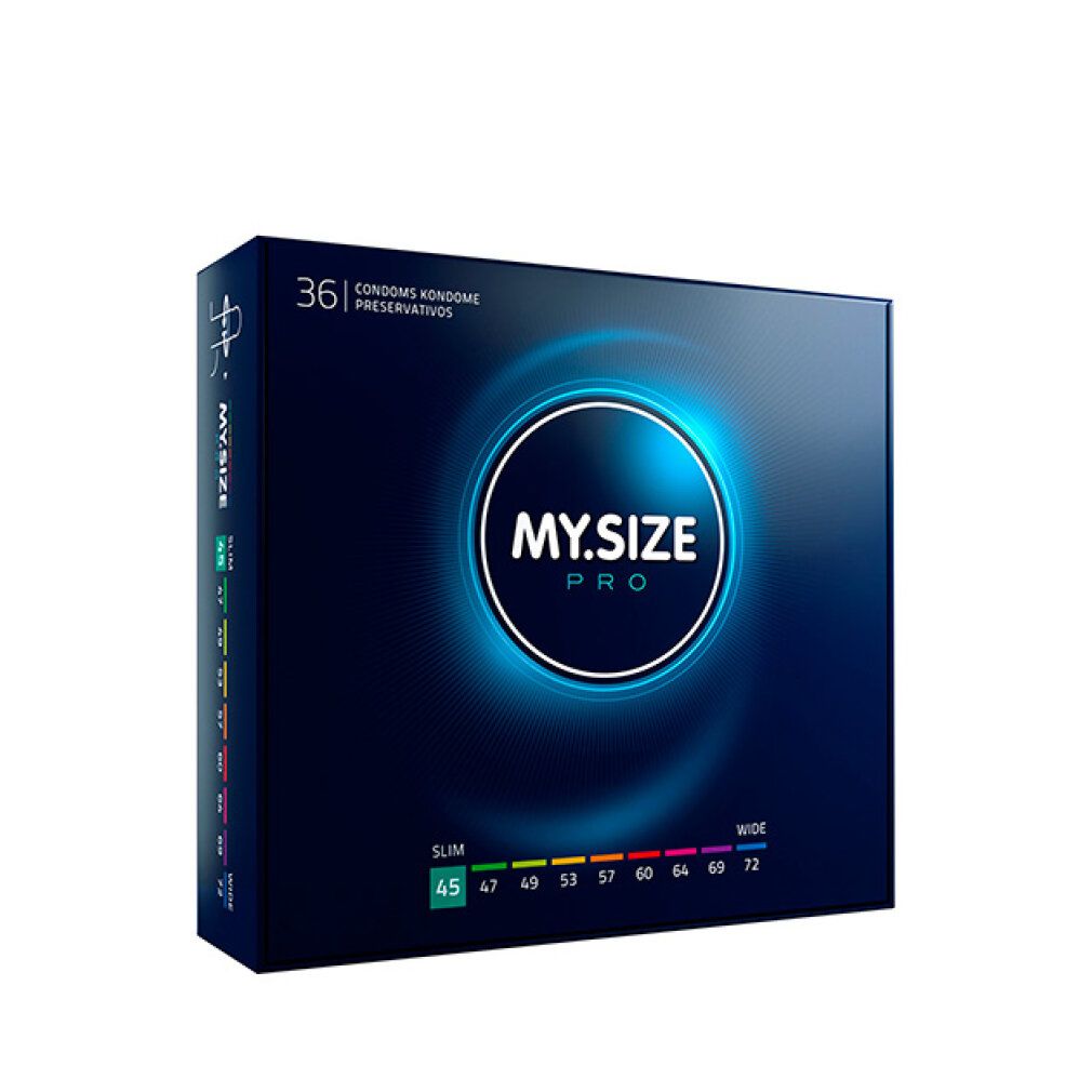 Scatola blu scuro con logo "MY.SIZE PRO". "36 preservativi" in alto. Taglie in basso.