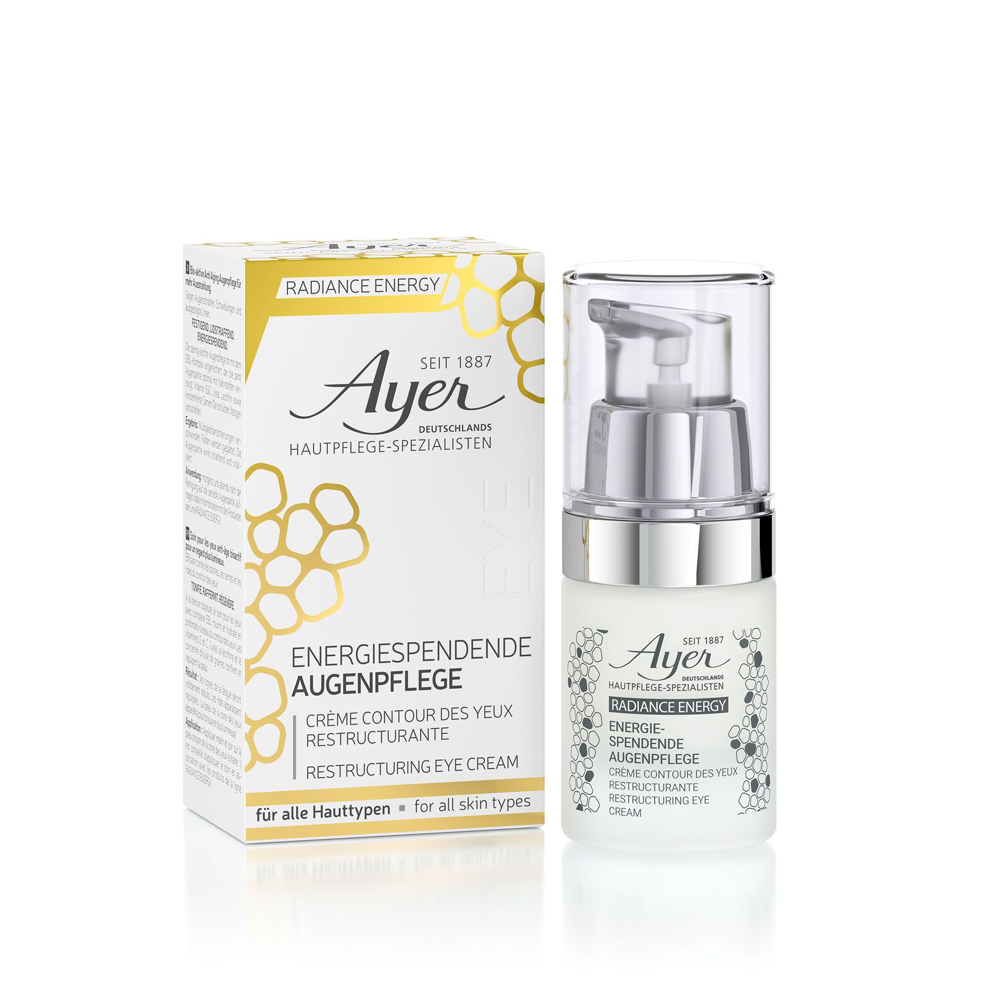 Crema contorno occhi e confezione. Flacone bianco con erogatore argentato. Scritta: Ayer, Radiance Energy, Energiespendende Augenpflege.