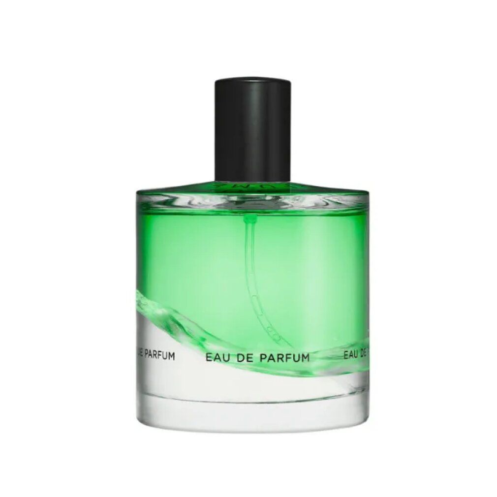 Flacone in vetro con profumo verde e tappo nero. Stampato "EAU DE PARFUM".