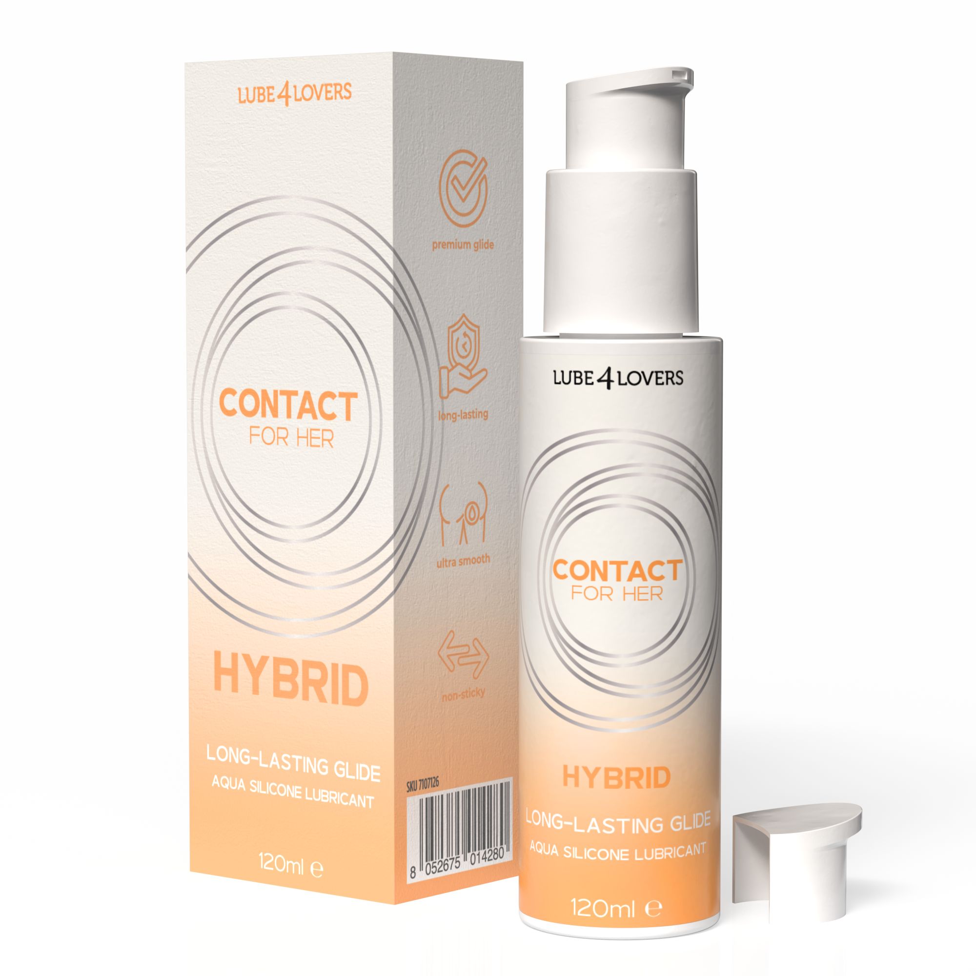 Flacone e confezione con testo: CONTACT FOR HER, HYBRID, LONG-LASTING GLIDE, AQUA SILICONE LUBRICANT. Marchio: LUBE 4 LOVERS. Confezione con icone.