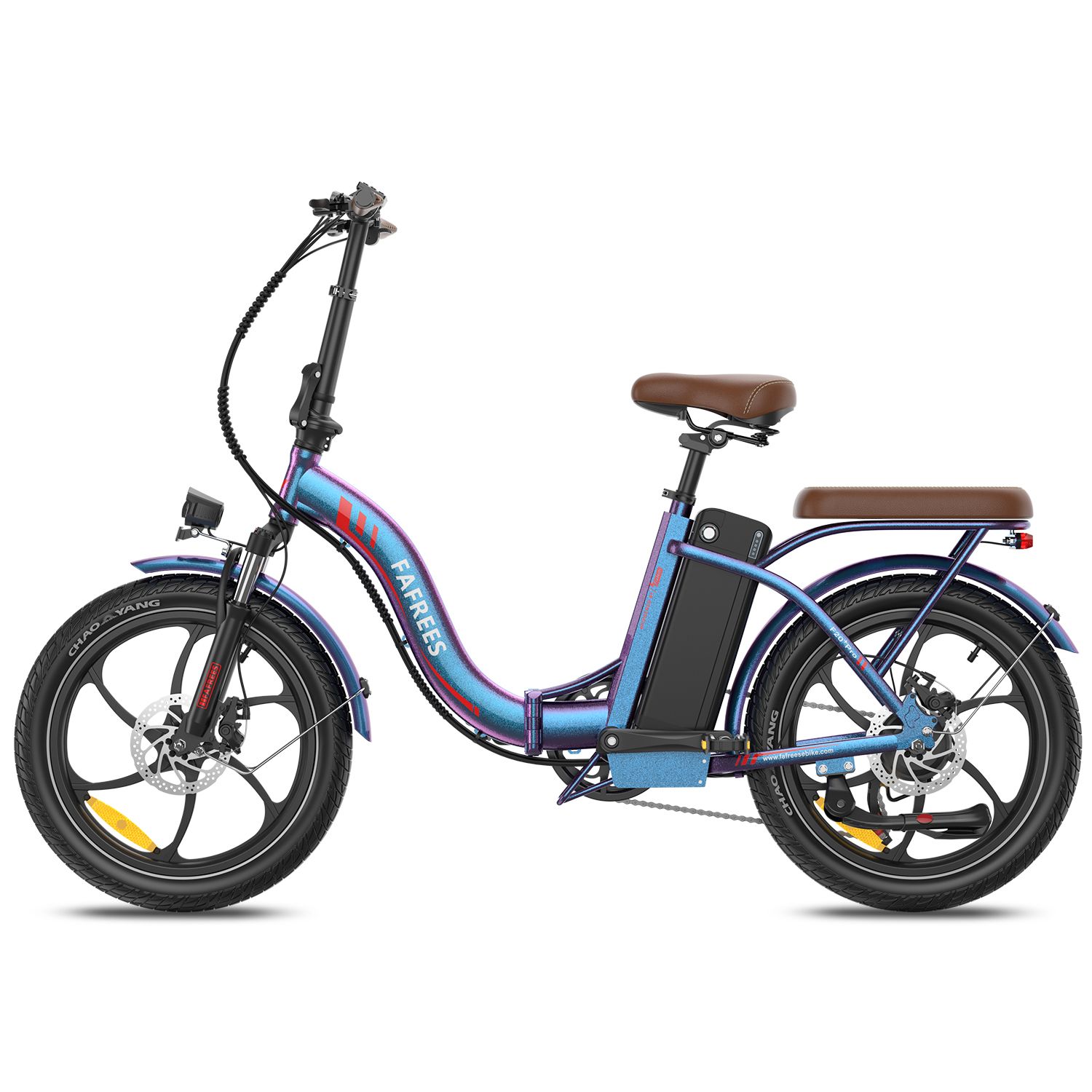 E-bike pieghevole, blu-viola. Sella e portapacchi marroni. Pneumatici e cerchi neri. Marchio FAFREES.