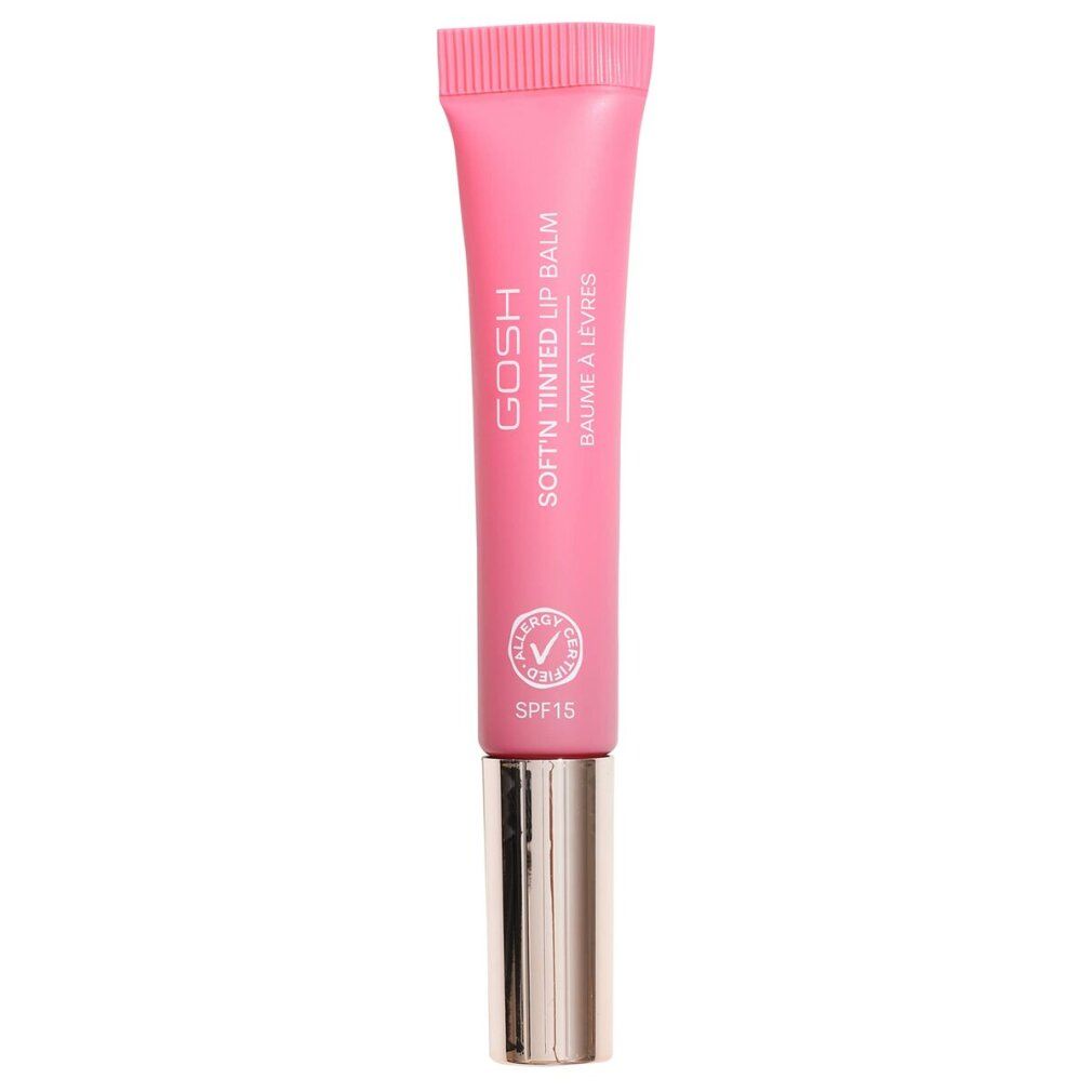 Tubo di balsamo labbra rosa. Scritta: GOSH SOFT'N TINTED LIP BALM. Con SPF 15 e certificazione allergia.