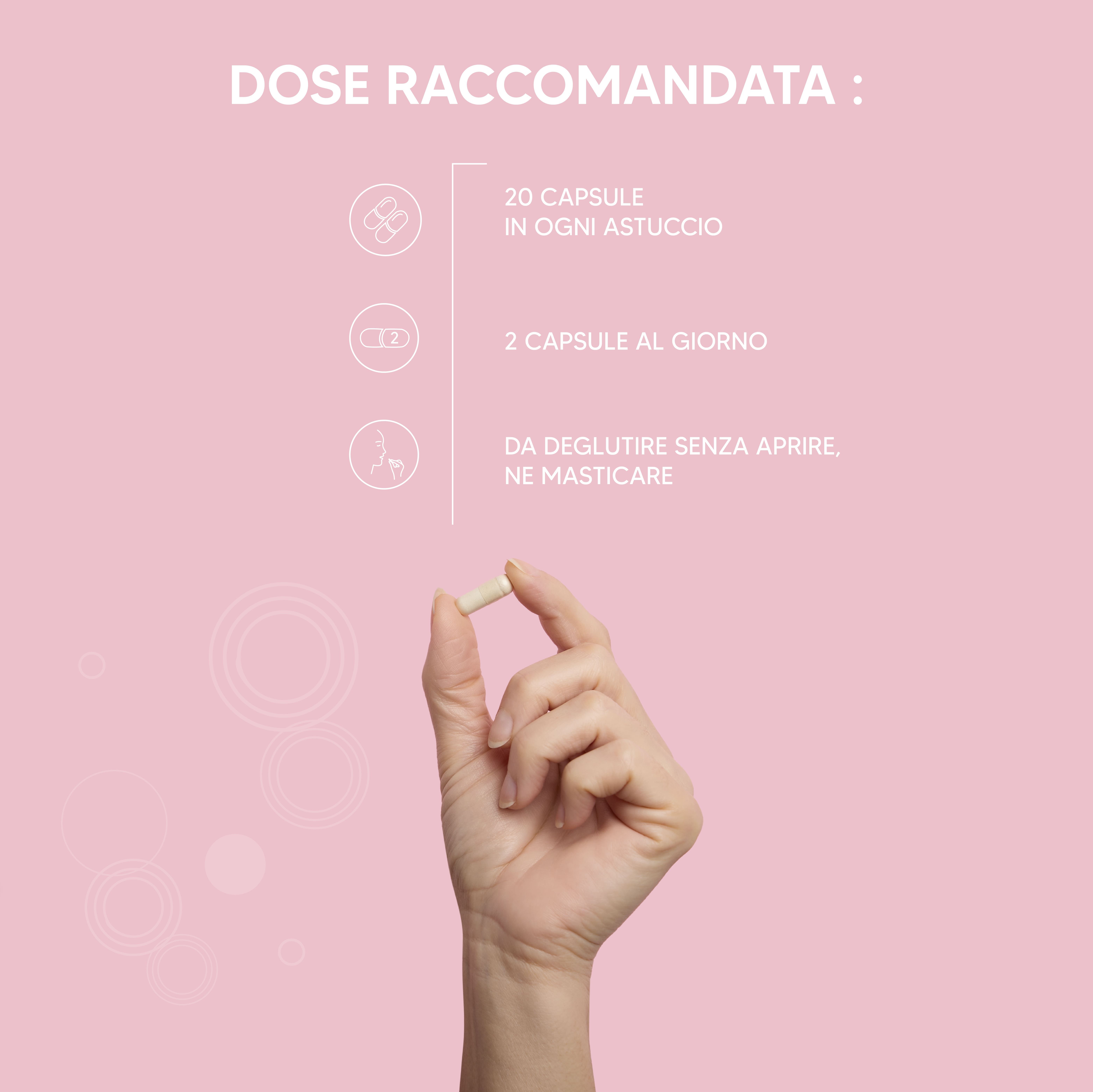 Mano che tiene una capsula. Testo: 20 capsule per confezione, 2 capsule al giorno, deglutire senza masticare.