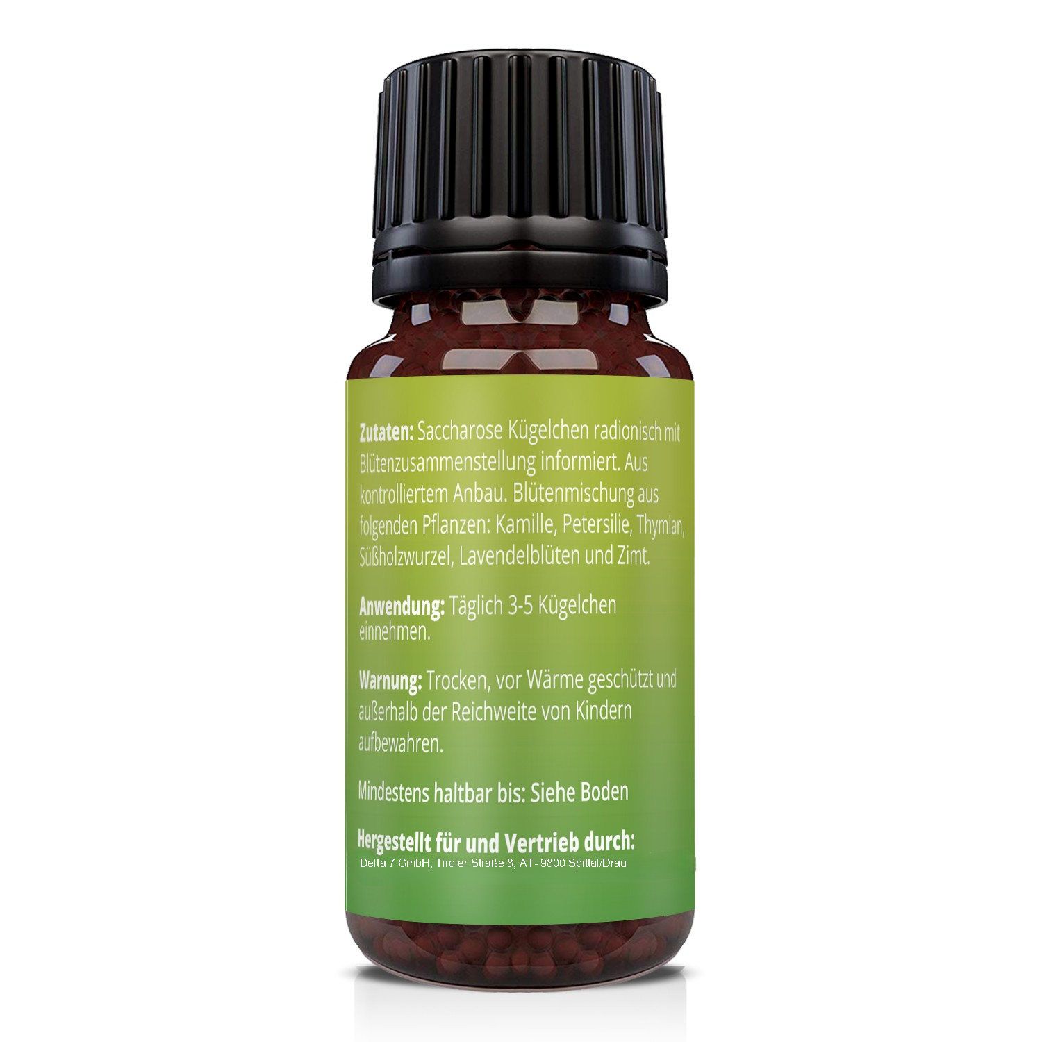 Flacone di vetro marrone con tappo nero. Retro con testo: Ingredienti, uso, avvertenze, Da consumarsi preferibilmente entro. Etichetta verde.