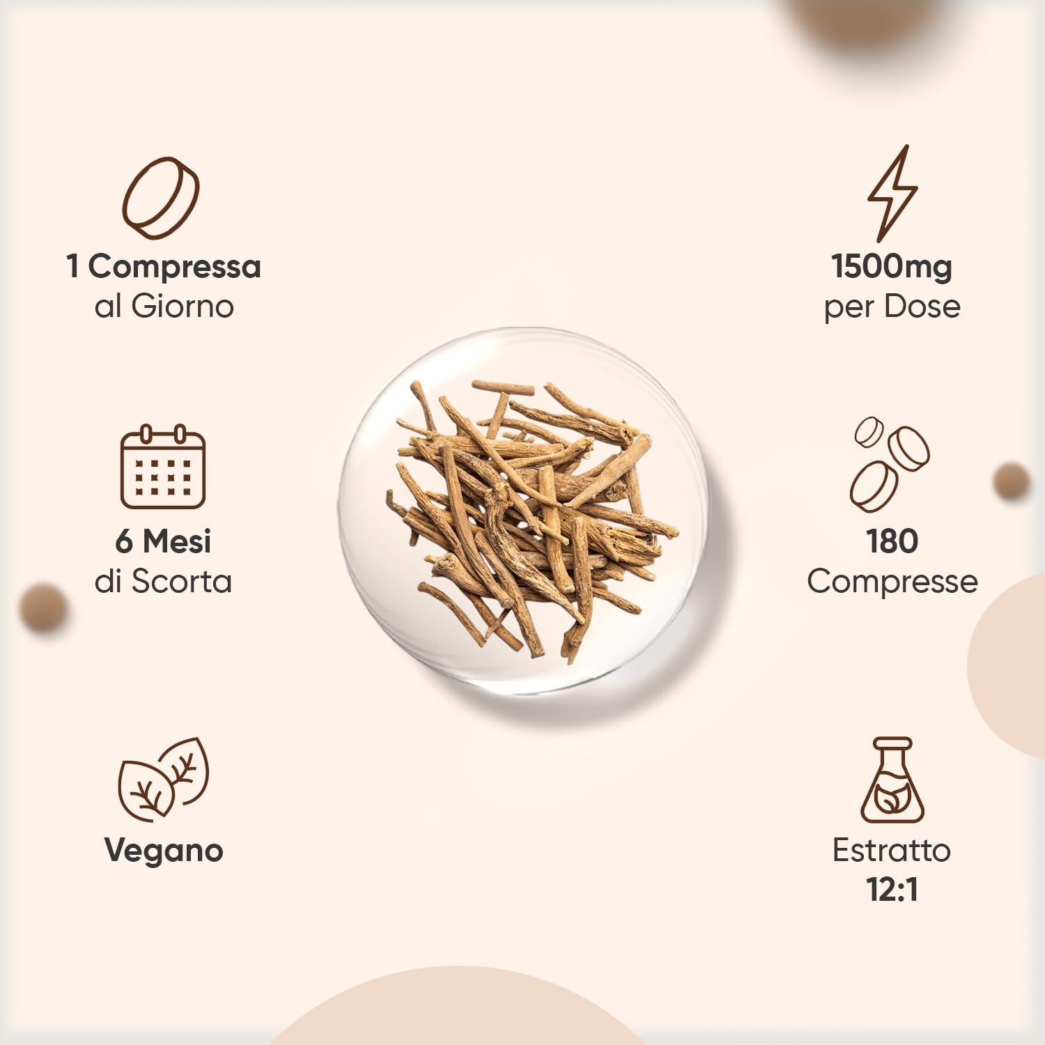 Simboli: 1 compressa al giorno, 1500mg per dose, fornitura 6 mesi, 180 compresse, vegano, estratto 12:1. Radici.