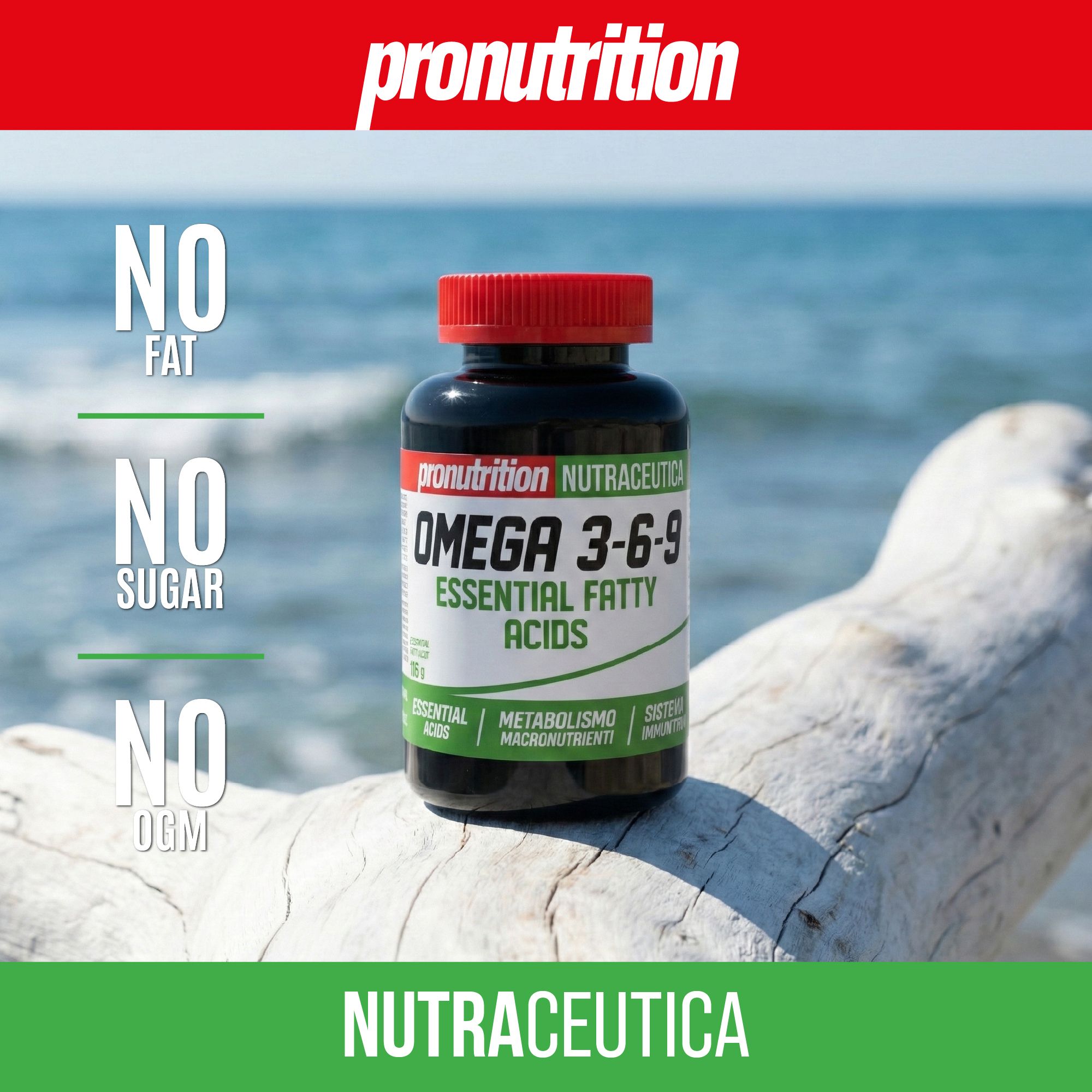 Flacone scuro con tappo rosso. Scritta: Omega 3-6-9 Essential Fatty Acids. Marca: Pronutrition. Etichetta verde e bianca.