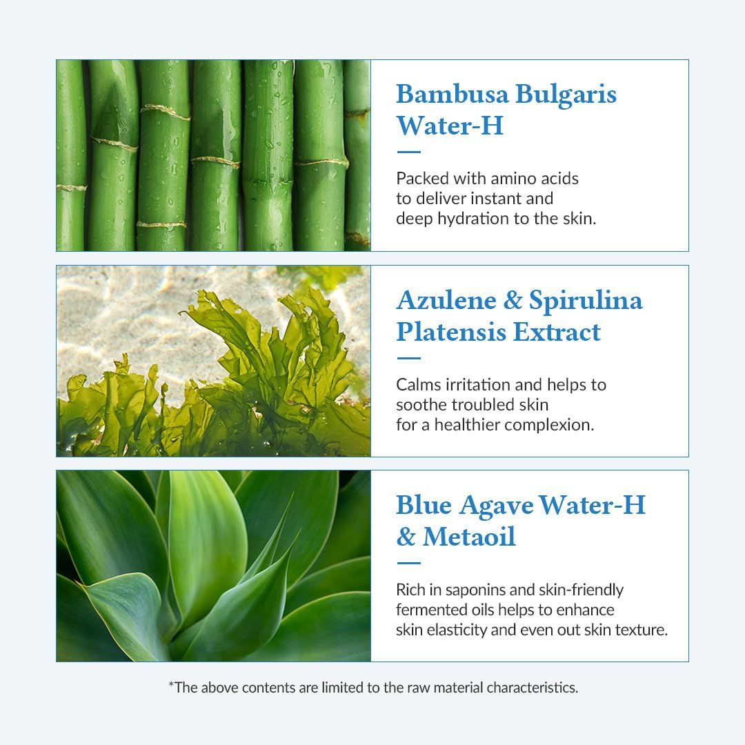 Tre ingredienti del prodotto. Bambusa Bulgaris Water-H, Estratto di Azulene & Spirulina Platensis, Blue Agave Water-H & Metaoil.