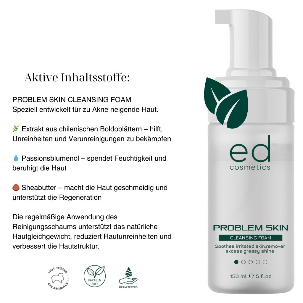 Flacone bianco con pompa. Scritta: ed cosmetics, PROBLEM SKIN CLEANSING FOAM. Testo e foglie verdi.