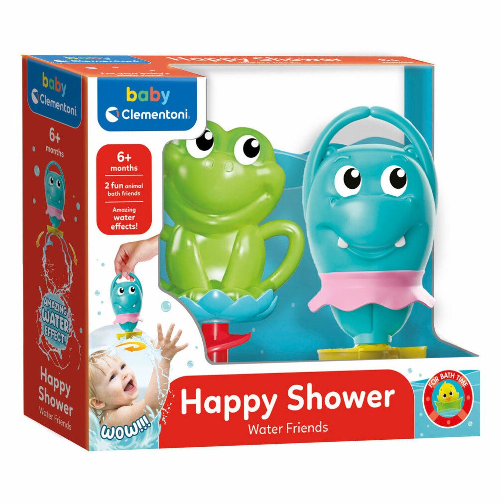 Confezione con due giocattoli da bagno: rana e ippopotamo. Sulla confezione c'è scritto "Happy Shower Water Friends" e "Baby Clementoni".
