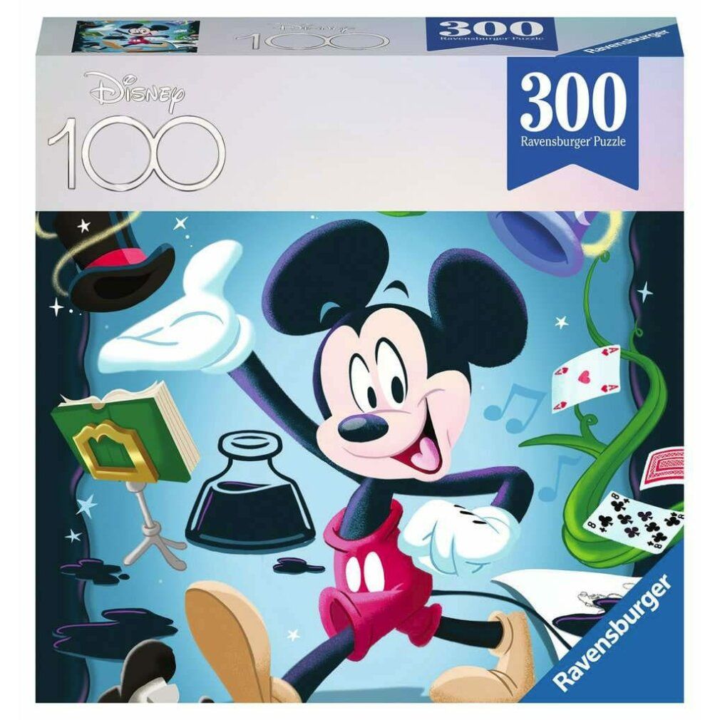 Scatola puzzle con motivo Topolino. Scritte Disney 100 e 300 Ravensburger Puzzle. Motivo Topolino sulla scatola.