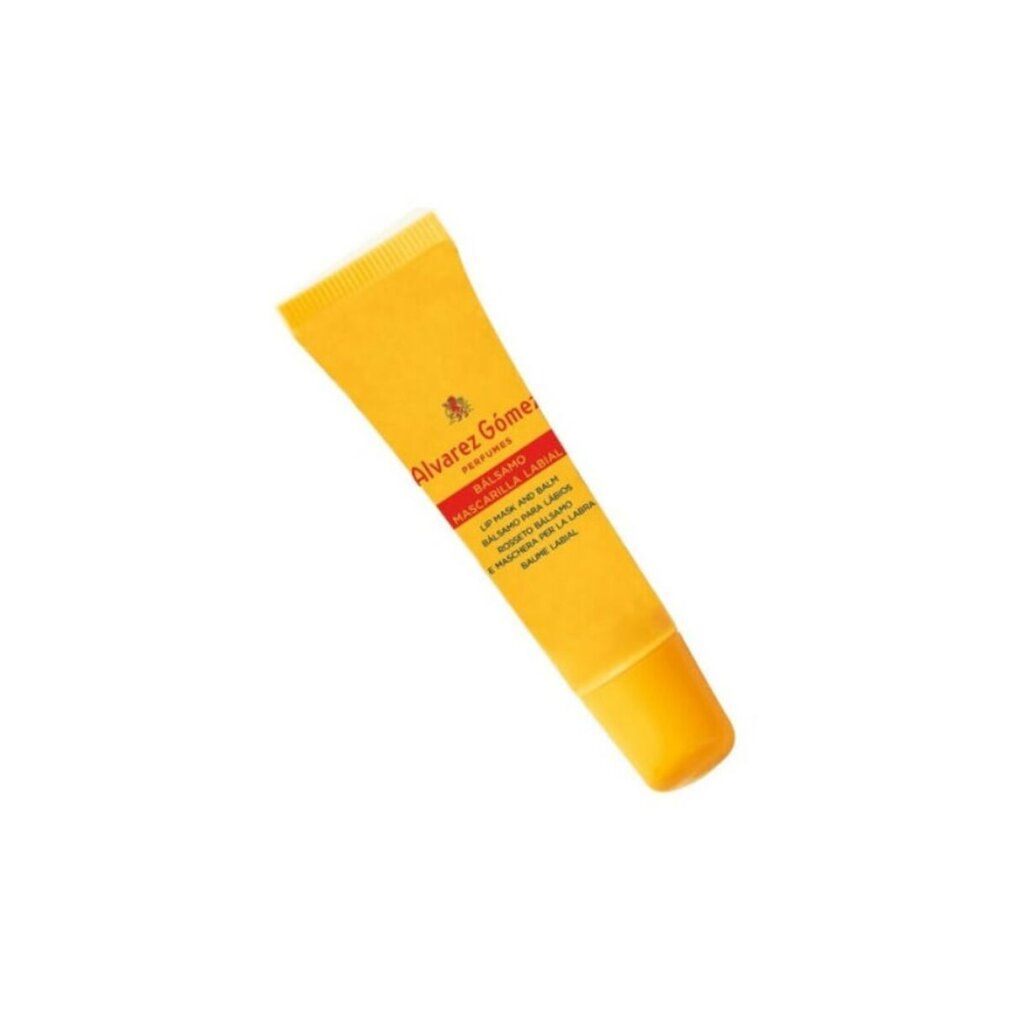 Tubo giallo con fascia rossa. Scritta: Alvarez Gómez, Balsamo Mascarilla Labial. Testo multilingue.