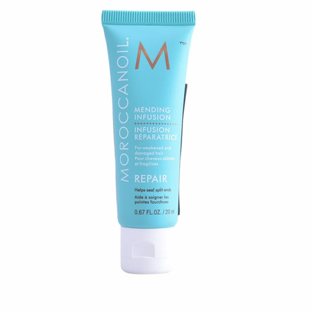 Tubo turchese con tappo bianco. Scritta: MOROCCANOIL, Mending Infusion, Repair. 0.67 FL.OZ./20 ml. Adesivo nero.