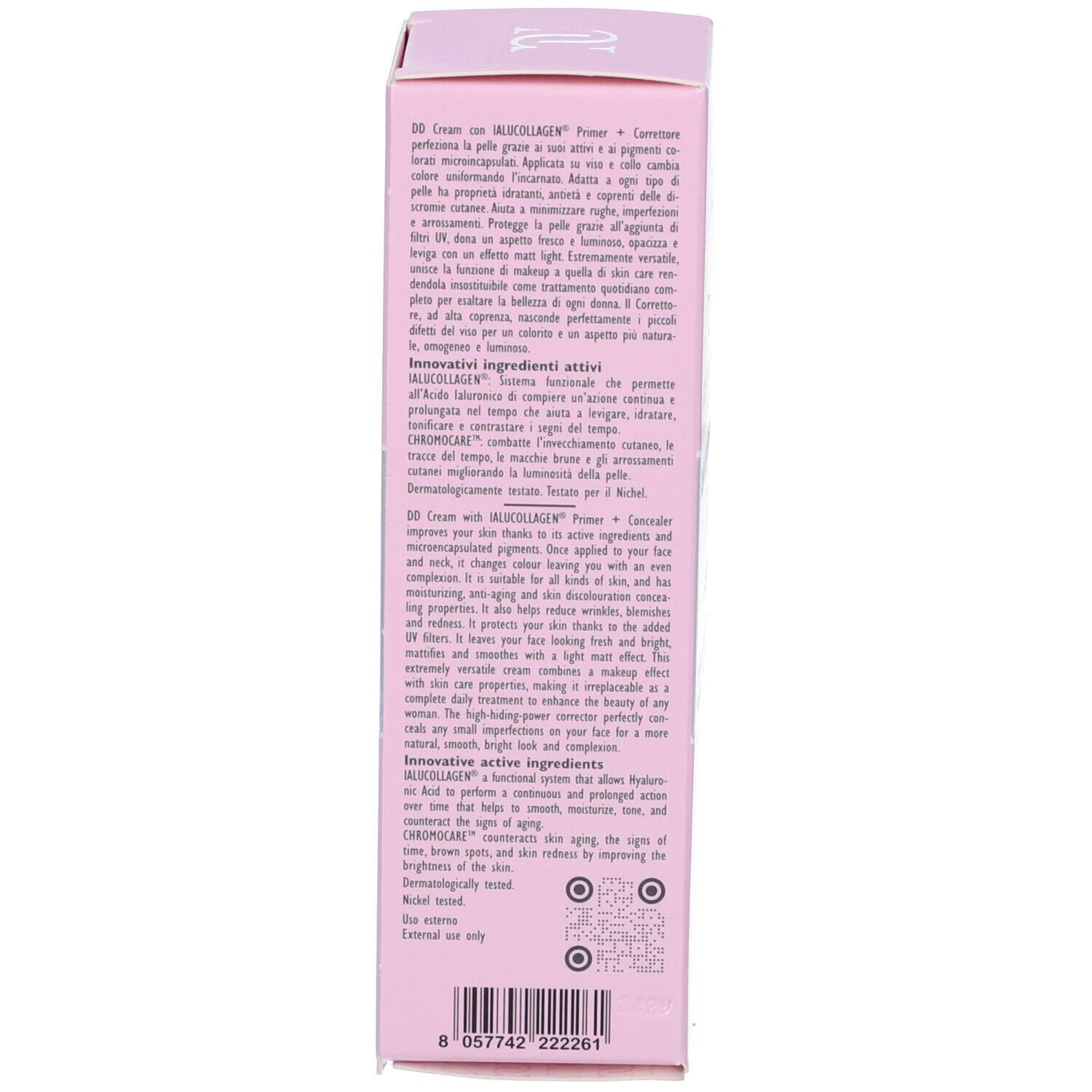 Retro della scatola rosa. Testo: Ingredienti, istruzioni per l'uso. Solo per uso esterno. Informazioni sul produttore.