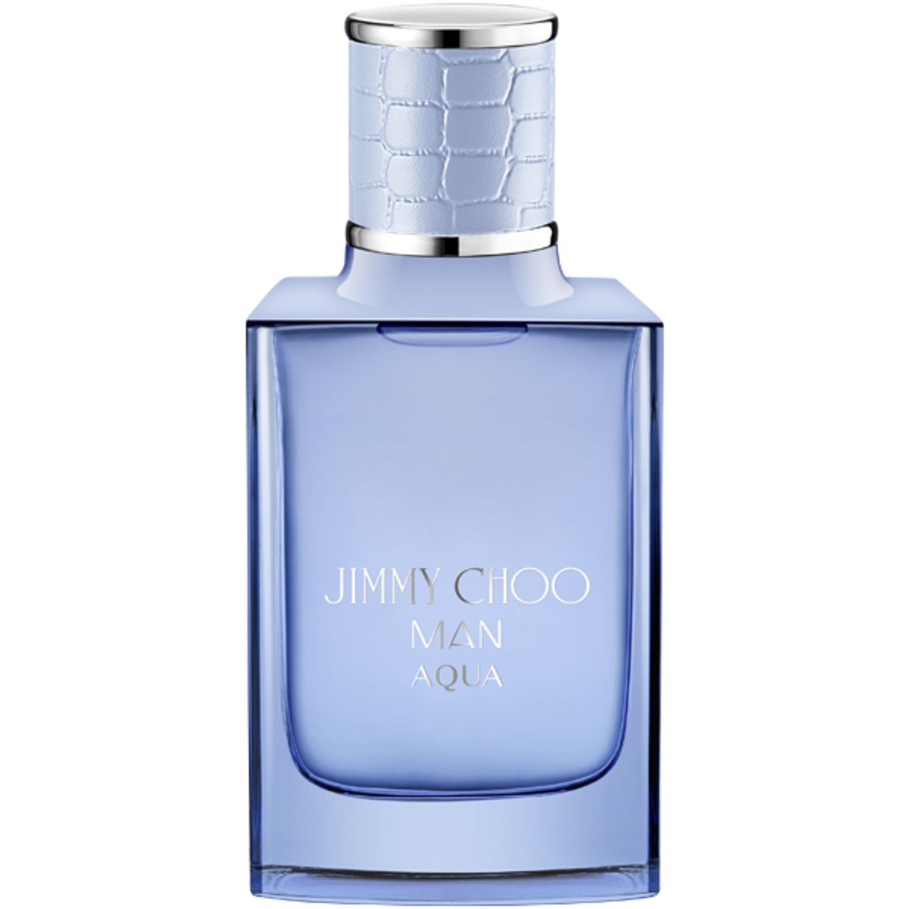 Eau de toilette azzurro JIMMY CHOO MAN AQUA. Flacone quadrato, tappo argentato e logo.