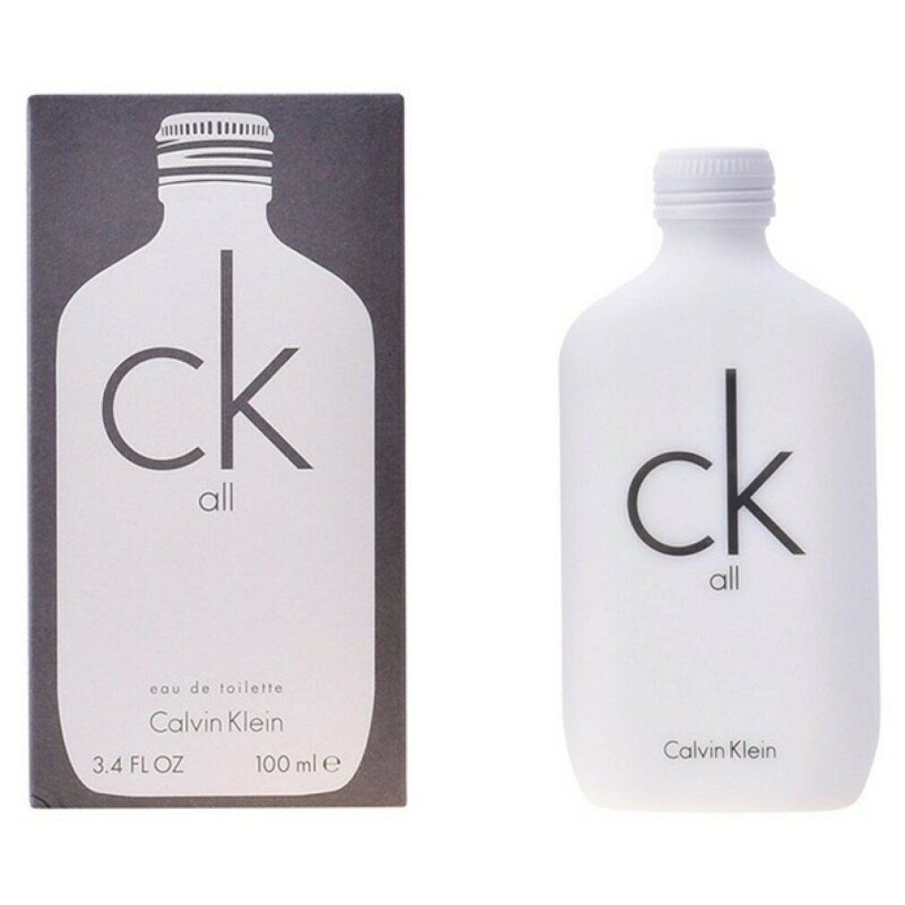 Flacone e confezione di eau de toilette bianchi. Scritta: ck all, Calvin Klein. Forma del flacone: rettangolare, angoli arrotondati.