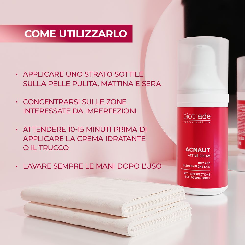 Testo con istruzioni per l'uso di ACNAUT ACTIVE CREAM. Applicare mattina e sera sulla pelle.