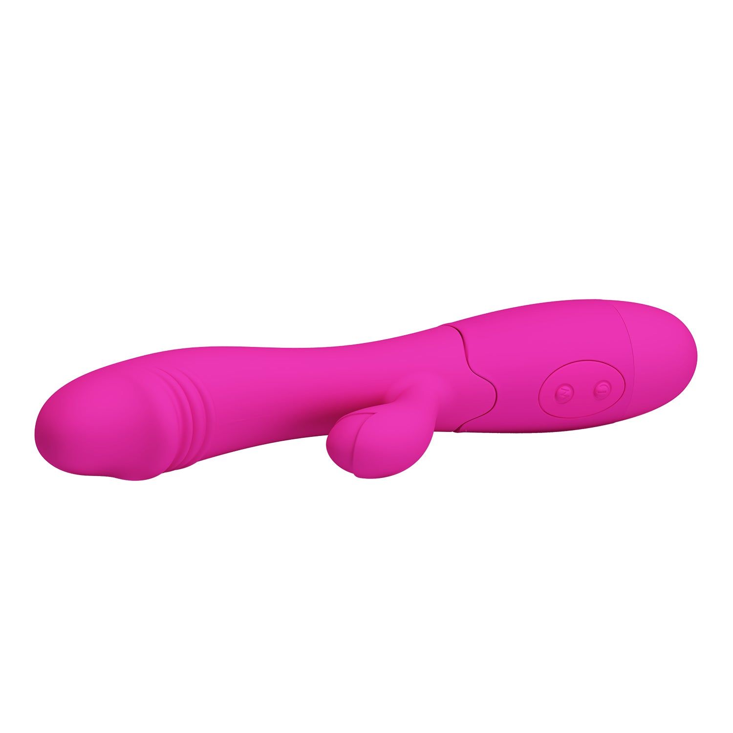 Vibratore rosa con forma curva e due pulsanti. Presenta una parte curva e un elemento laterale più piccolo.