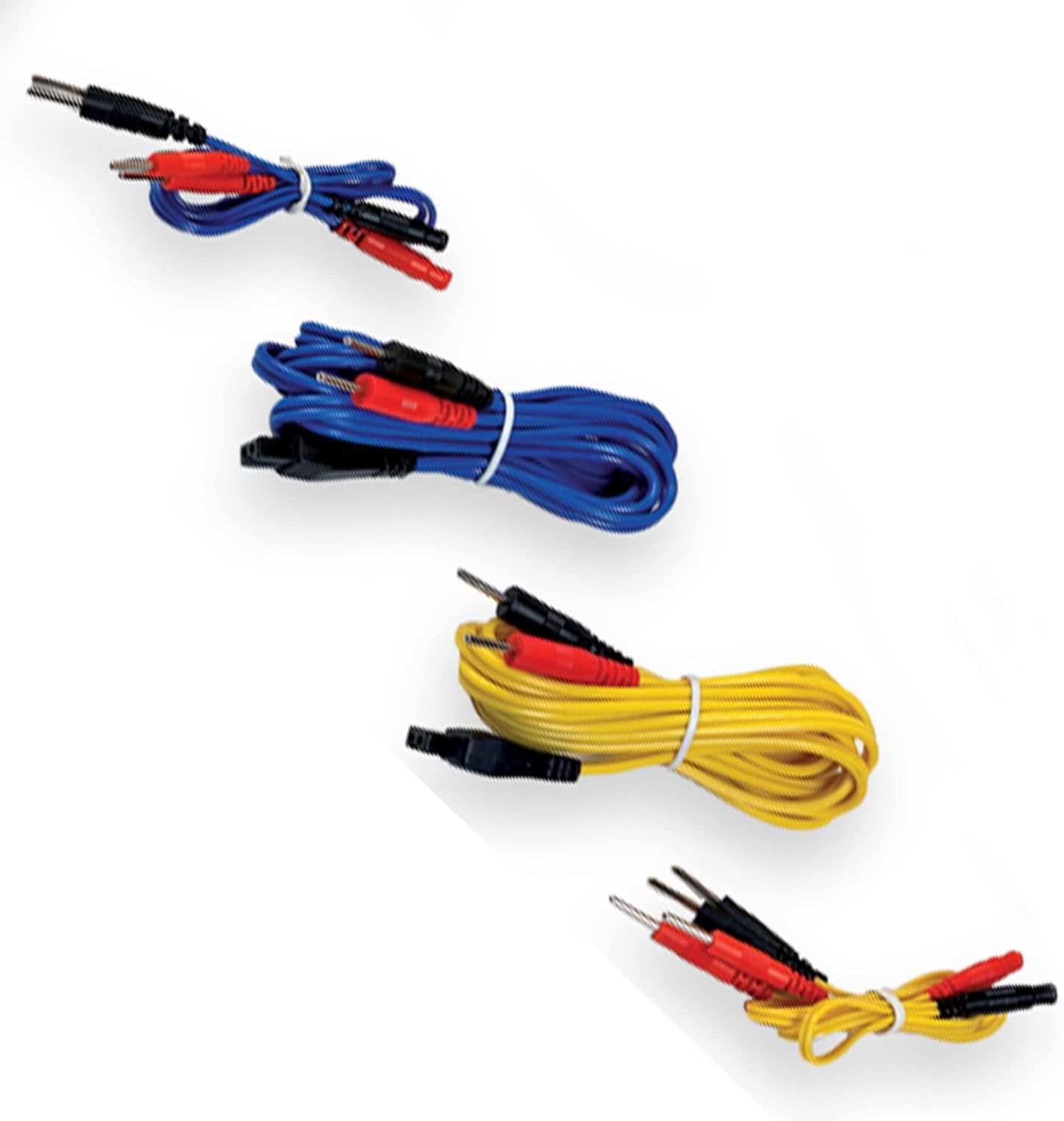 Vari cavi per un dispositivo di elettroterapia. Diversi colori: blu, giallo e rosso. Con connettori.