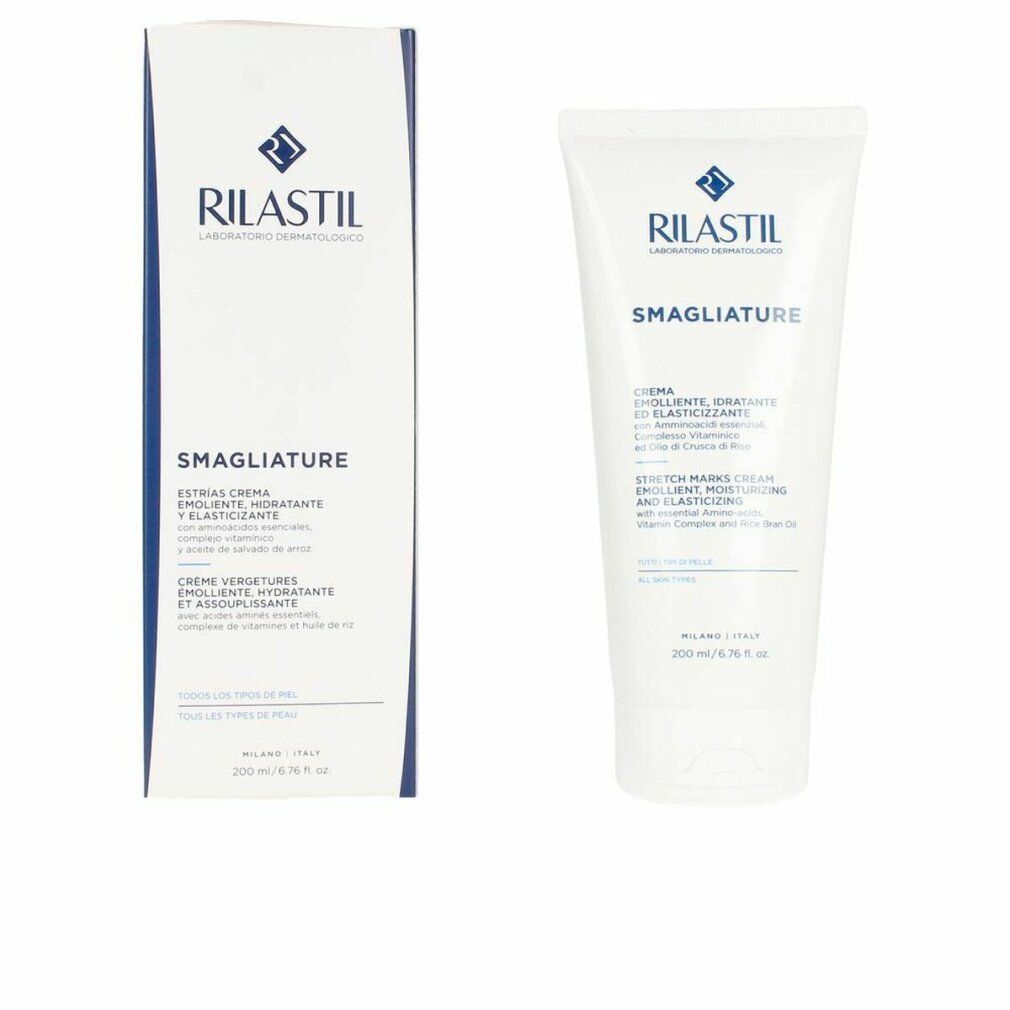 Tubo e scatola di crema. Scritta: Rilastil, Smagliature, Crema, 200 ml. Ingredienti visibili.