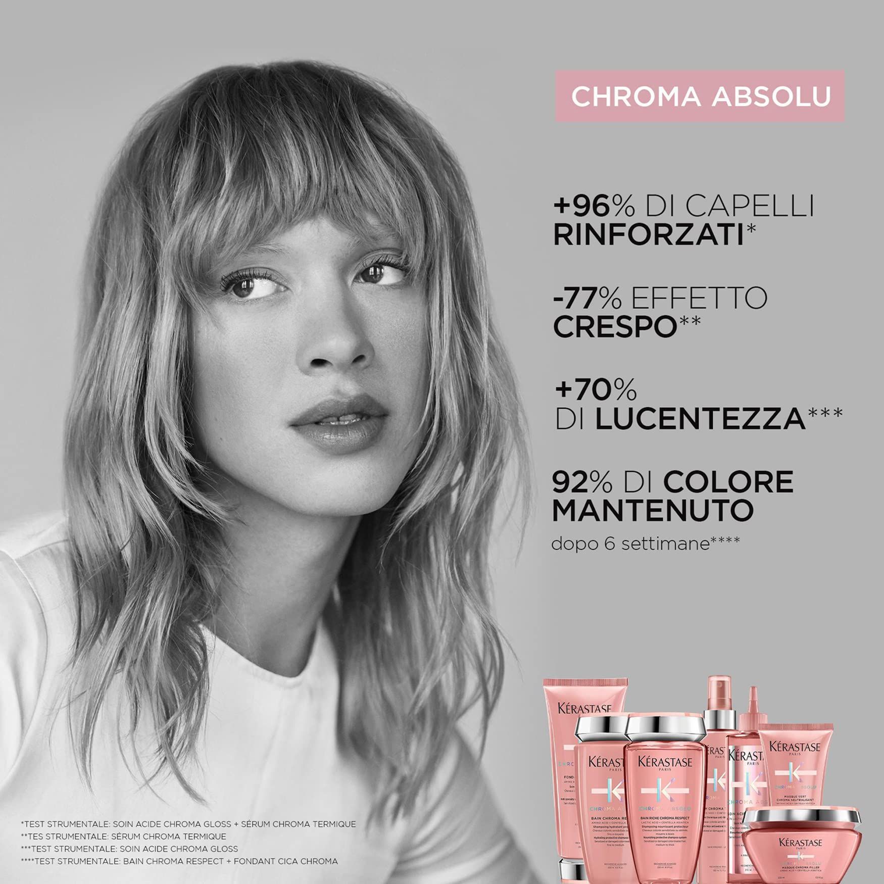 Donna con capelli tinti. Testo: +96% di capelli rinforzati, -77% effetto crespo, +70% lucentezza, 92% colore mantenuto.