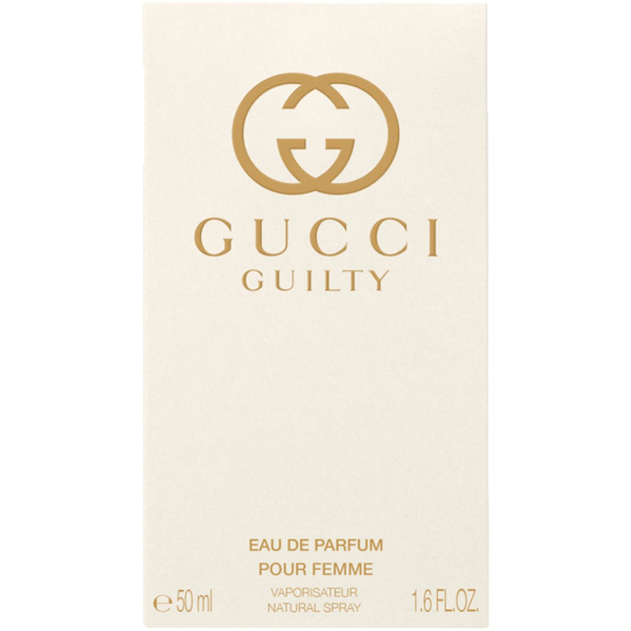 Confezione bianca con logo Gucci e scritta GUILTY. Scritta: Eau de Parfum, 50 ml, 1.6 FL.OZ.