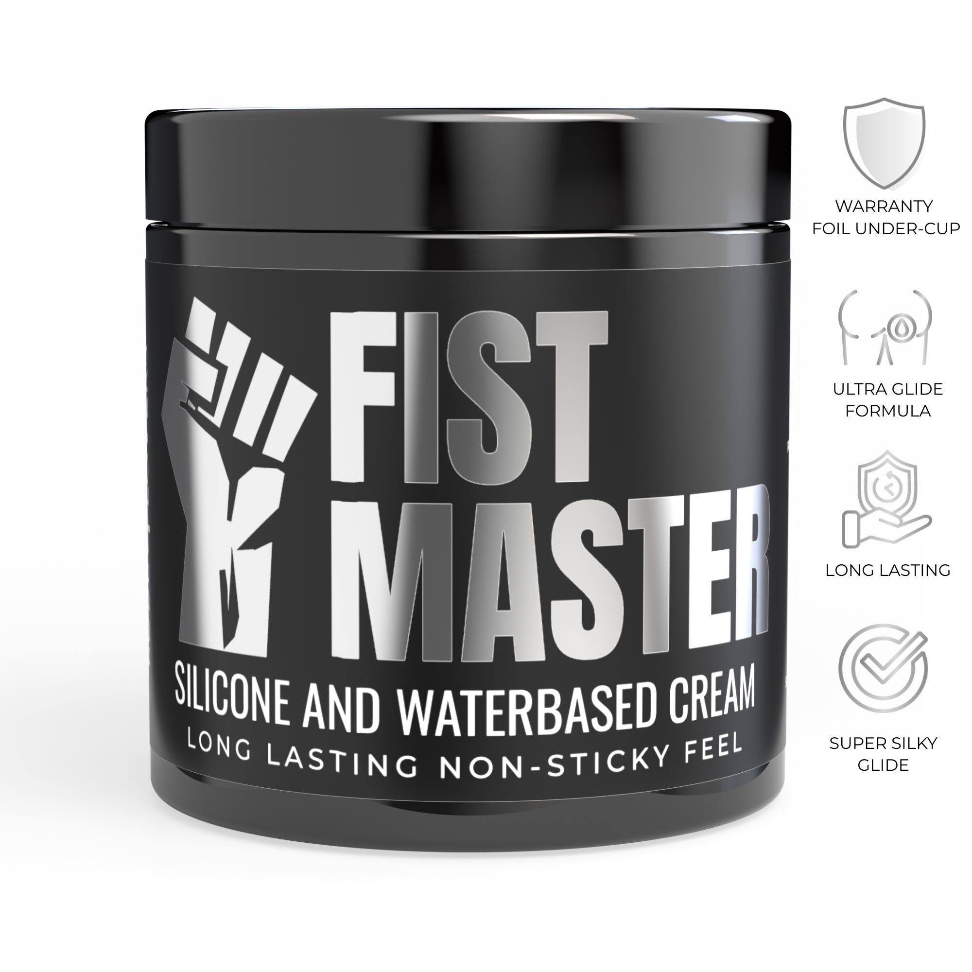 Barattolo nero con scritta argentata "FIST MASTER". Testo: "SILICONE AND WATERBASED CREAM". Icone delle caratteristiche.