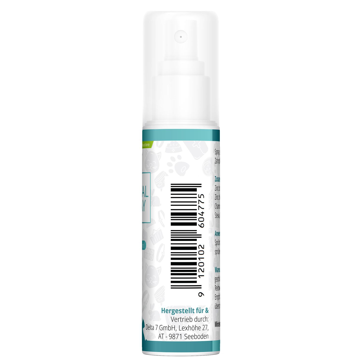 Lato di una bottiglia spray con codice a barre e informazioni del produttore per la cura degli animali.