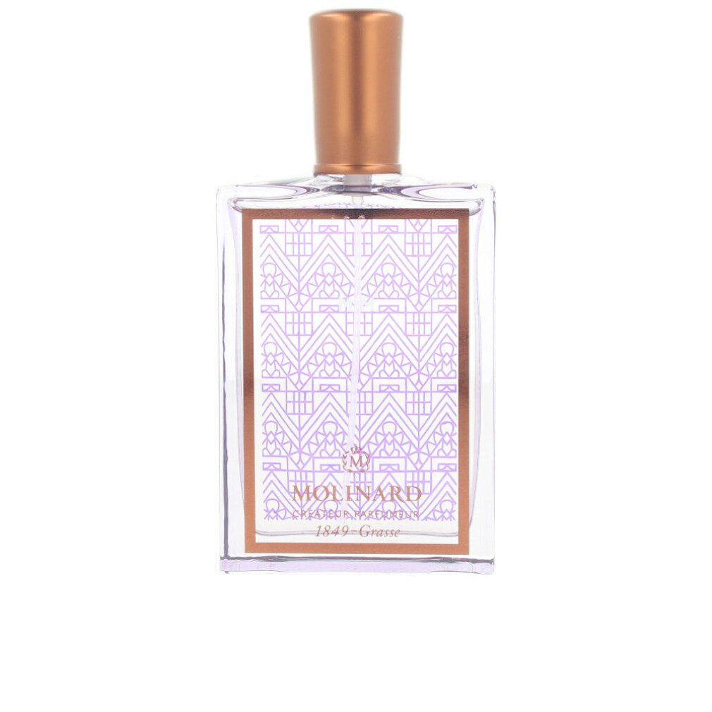 Flacone di profumo con tappo color rame. Forma rettangolare con motivo viola e oro. Scritta: MOLINARD.