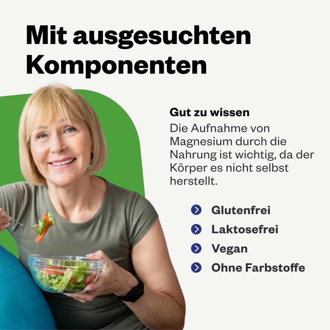 Donna con insalata. Testo: Con componenti selezionati. Senza glutine, lattosio, vegano, coloranti.