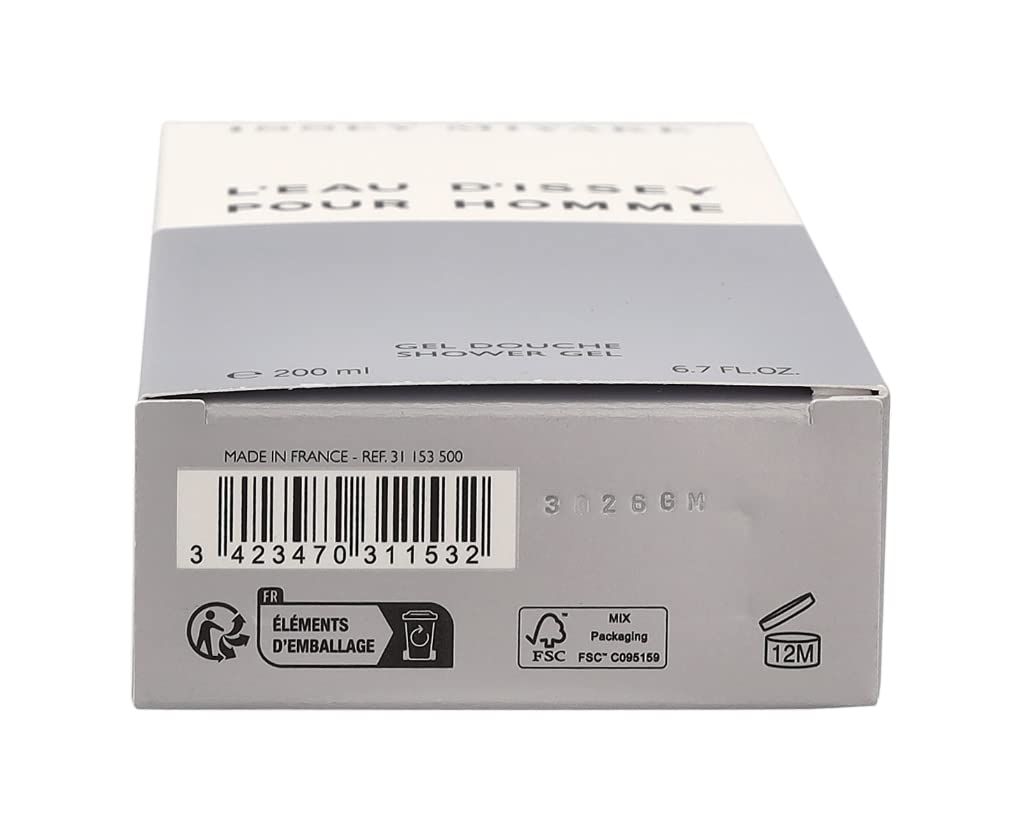 Gel doccia bianco. Scritta: L'Eau d'Issey pour Homme, Gel Douche, Shower Gel. Marchio: Issey Miyake.