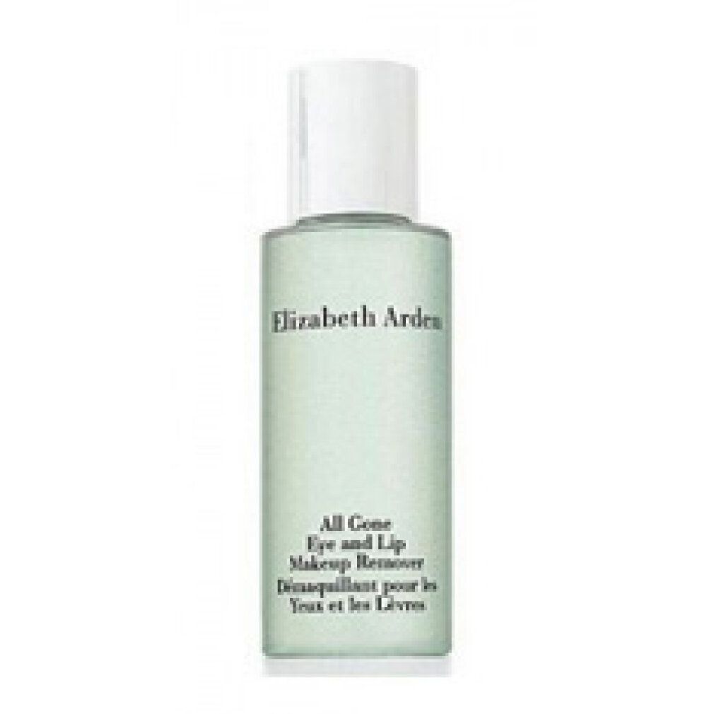 Flacone con tappo bianco. Scritte: Elizabeth Arden, All Gone Eye and Lip Makeup Remover. 100 ml.