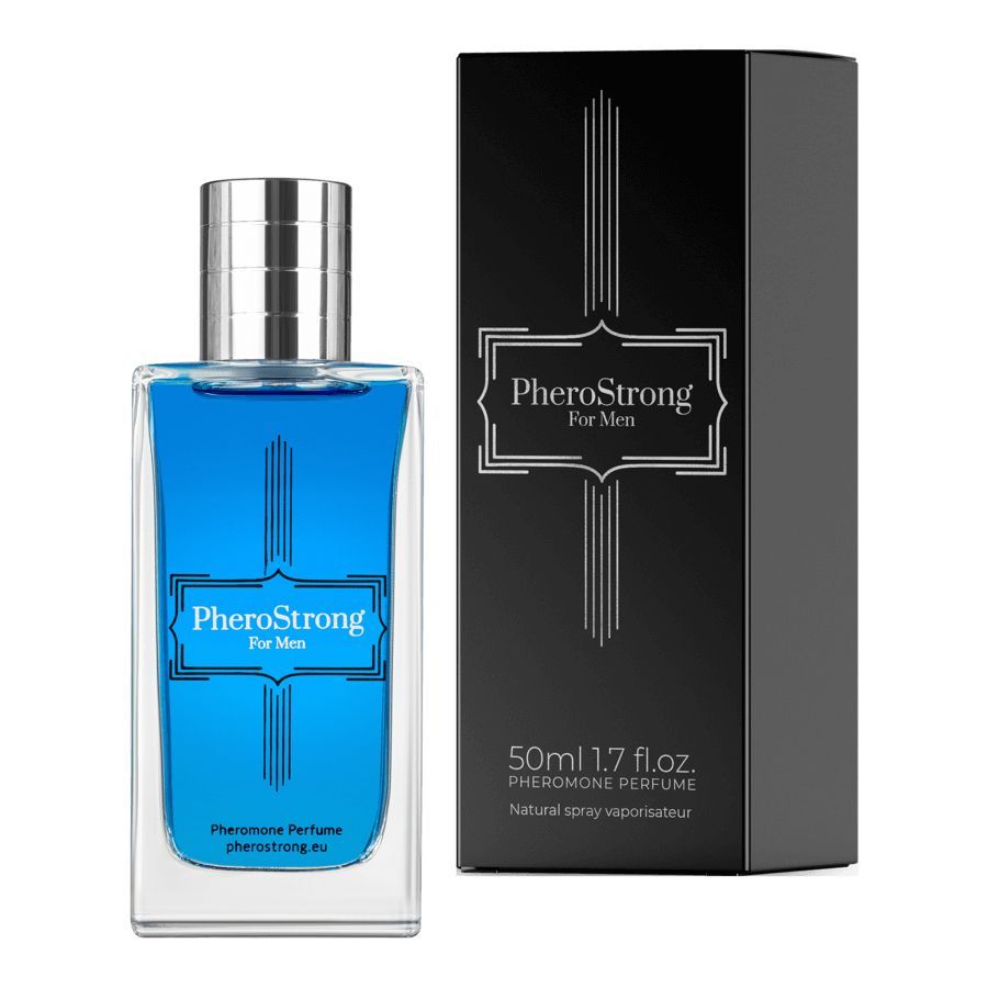 PheroStrong Profumo feromoni per uomo in flacone di vetro rettangolare con spruzzatore argentato e confezione nera.