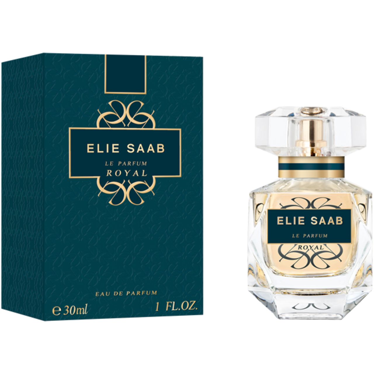 Flacone di profumo e scatola. Flacone con etichetta blu. Scatola: ELIE SAAB, LE PARFUM ROYAL. 30ml, 1 FL.OZ.
