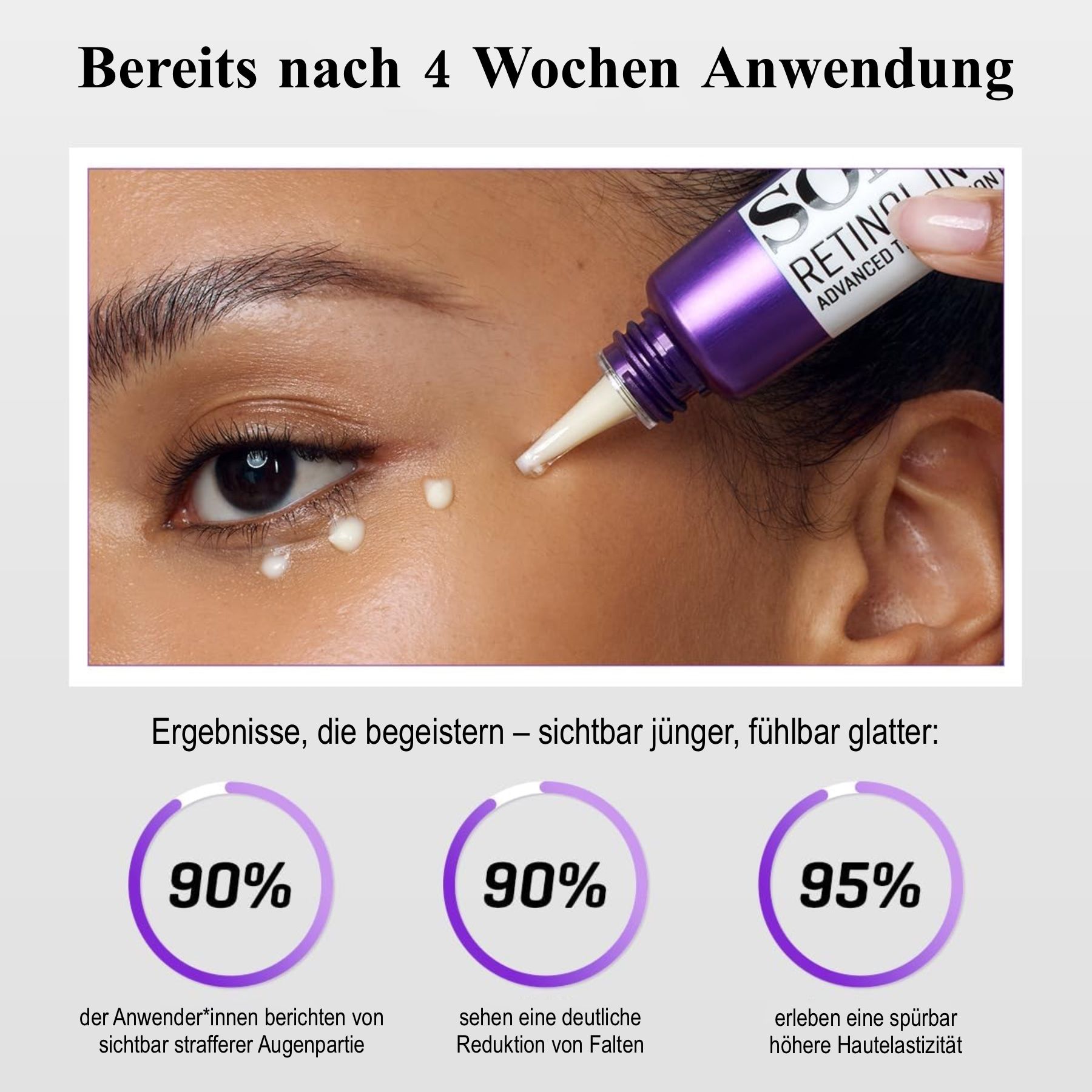 Donna applica la crema. Testo: Risultati dopo 4 settimane: 90% sguardo più tonico.
