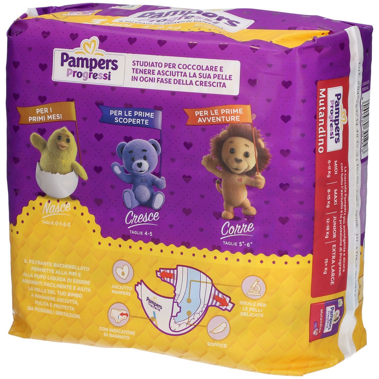 Confezione di pannolini Pampers Progressi. Retro con illustrazioni e testo. Taglia: 4-9 kg.
