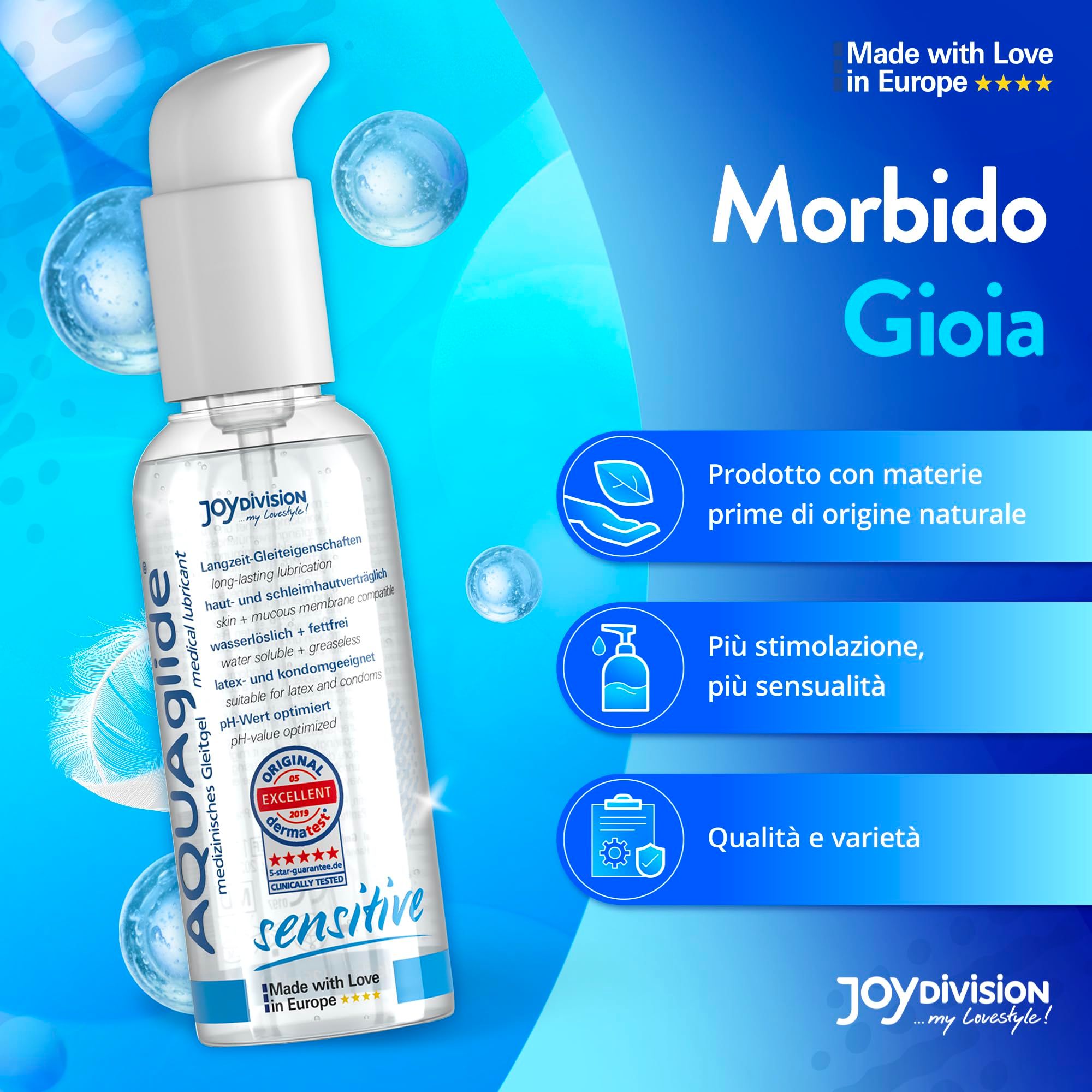 Gel lubrificante AQUAGLIDE Sensitive in flacone trasparente con dispenser a pompa. "Qualità e varietà" e "Made with Love in Europe".