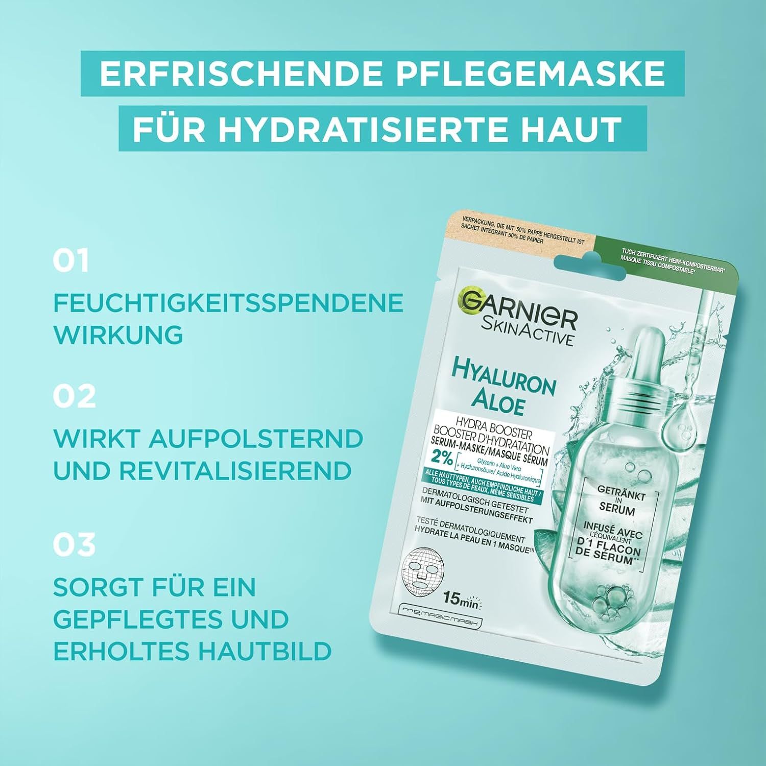 Garnier SkinActive Hyaluron Aloe Hydra Booster Serum-Maske. Confezione con testo e vantaggi numerati.