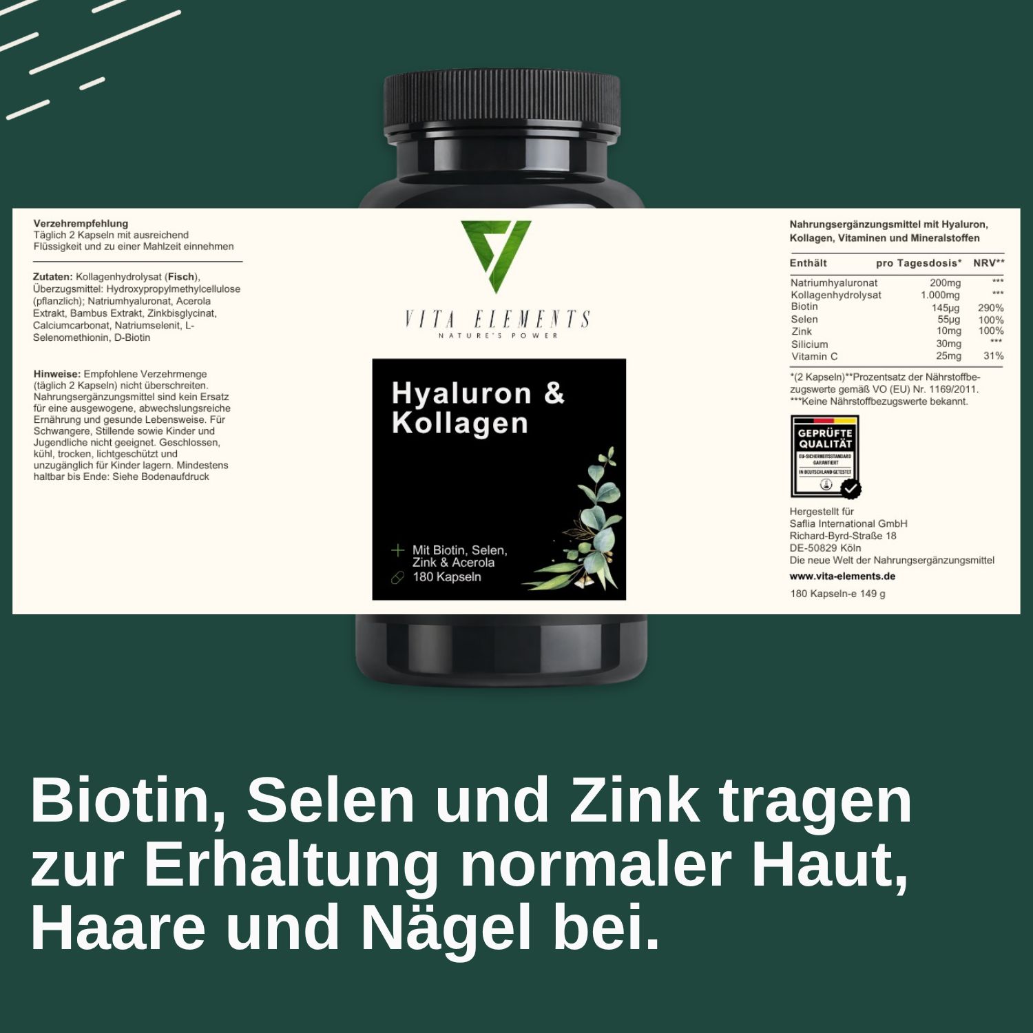 Etichetta con Vita Elements Hyaluron & Kollagen, informazioni nutrizionali e sigillo.