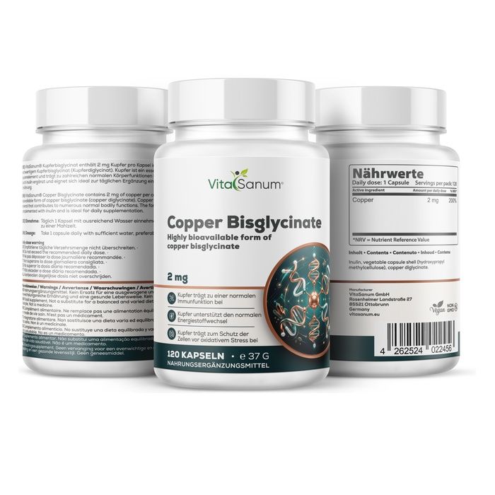 Capsule VitaSanum® Bisglicinato di Rame, 120 pezzi. Tre contenitori con etichette che mostrano le informazioni nutrizionali.