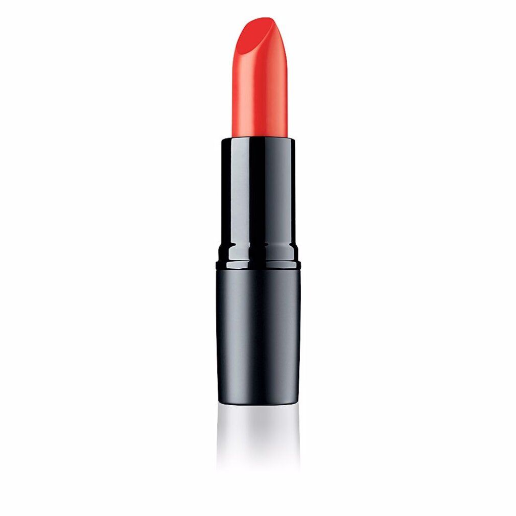 Rossetto rosso arancio. Supporto nero cilindrico. Punta del rossetto arrotondata.