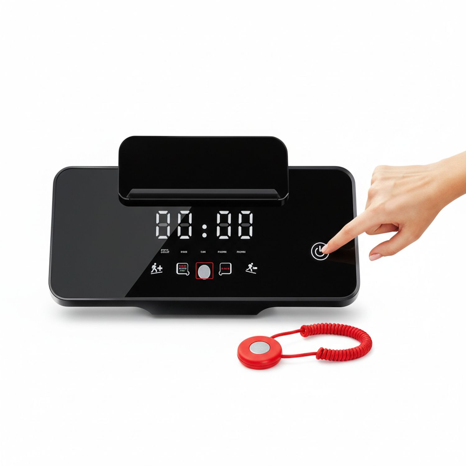 Pannello di controllo nero con display. Mostra '00:00'. Clip di arresto di emergenza rosso. Mano che tocca il pannello.