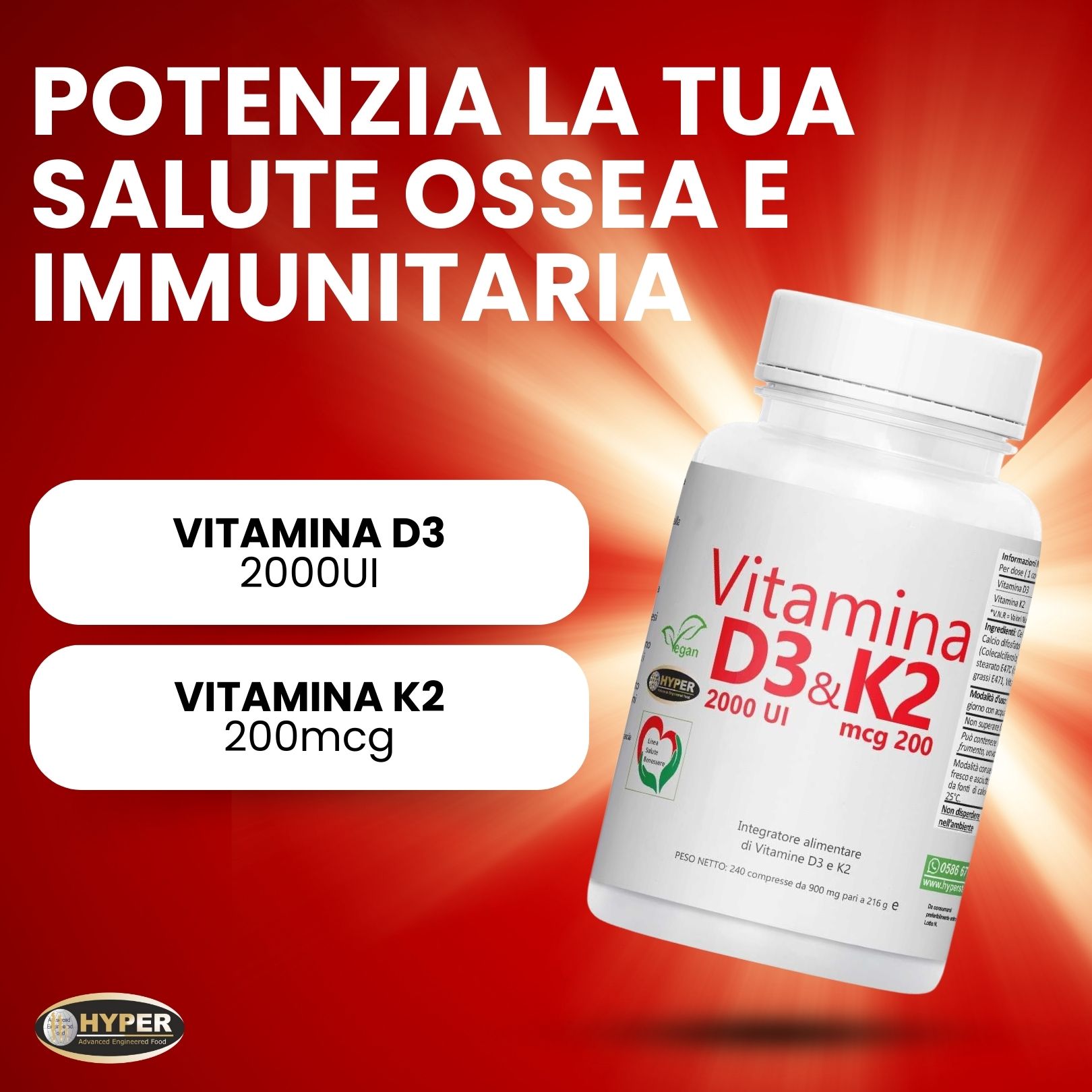 HYPER Vitamina D3 K2  Integratore alimentare per il Benessere delle Ossa e Sistema Immunitario