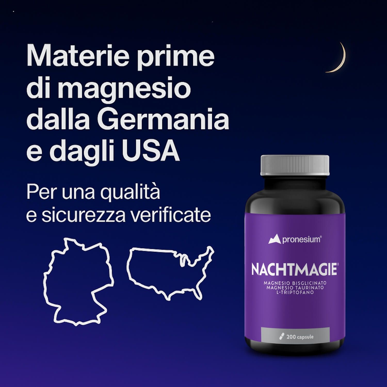 Flacone con etichetta viola. Testo: NACHTMAGIE, Magnesiumbisglycinate, Magnesiumtaurate, L-Triptofano. 200 capsule. Mappe Germania e USA.