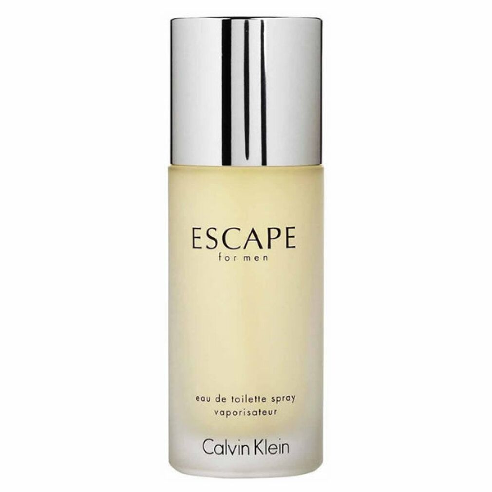 Flacone di Calvin Klein Escape for men. Forma cilindrica, tappo argentato. Nome del prodotto e marchio sul flacone.