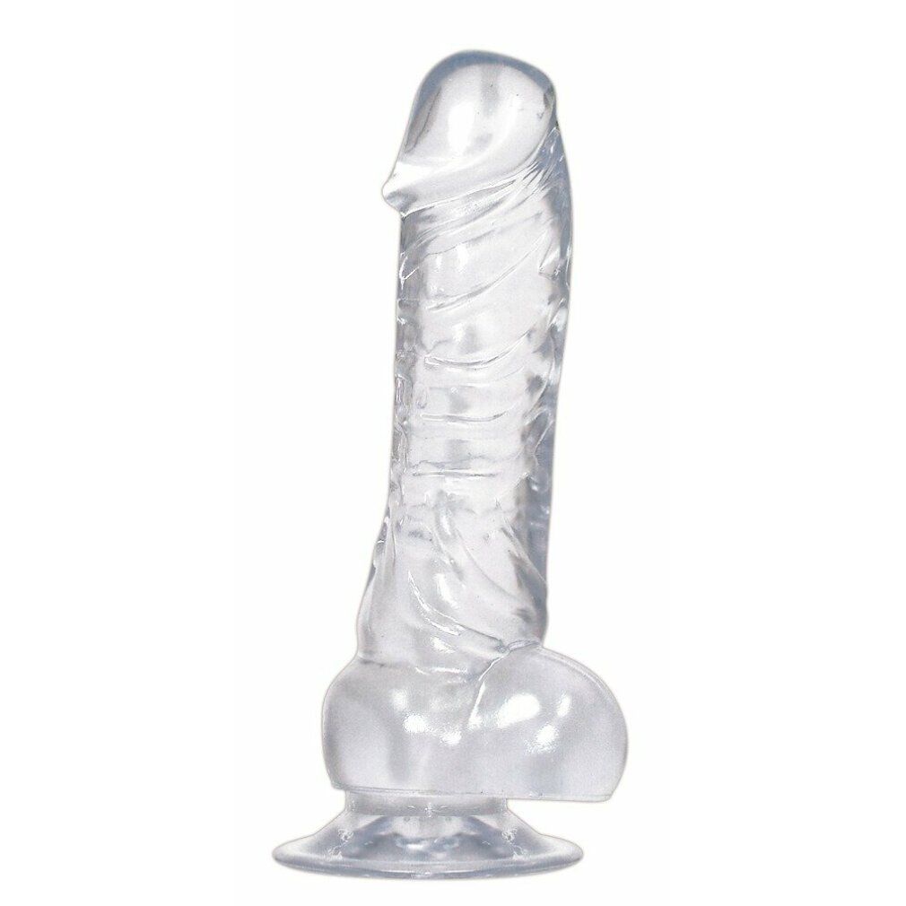 Dildo trasparente con ventosa. Forma verticale, superficie scanalata. Plastica trasparente.