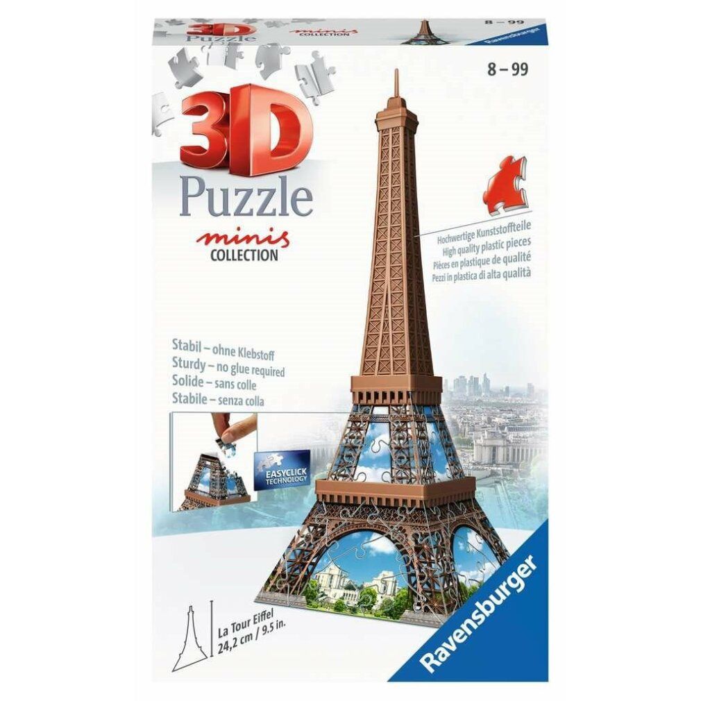 Puzzle 3D Mini Torre Eiffel, marrone. Confezione con puzzle e immagine della torre. Testo: 3D Puzzle, minis collection, Ravensburger.