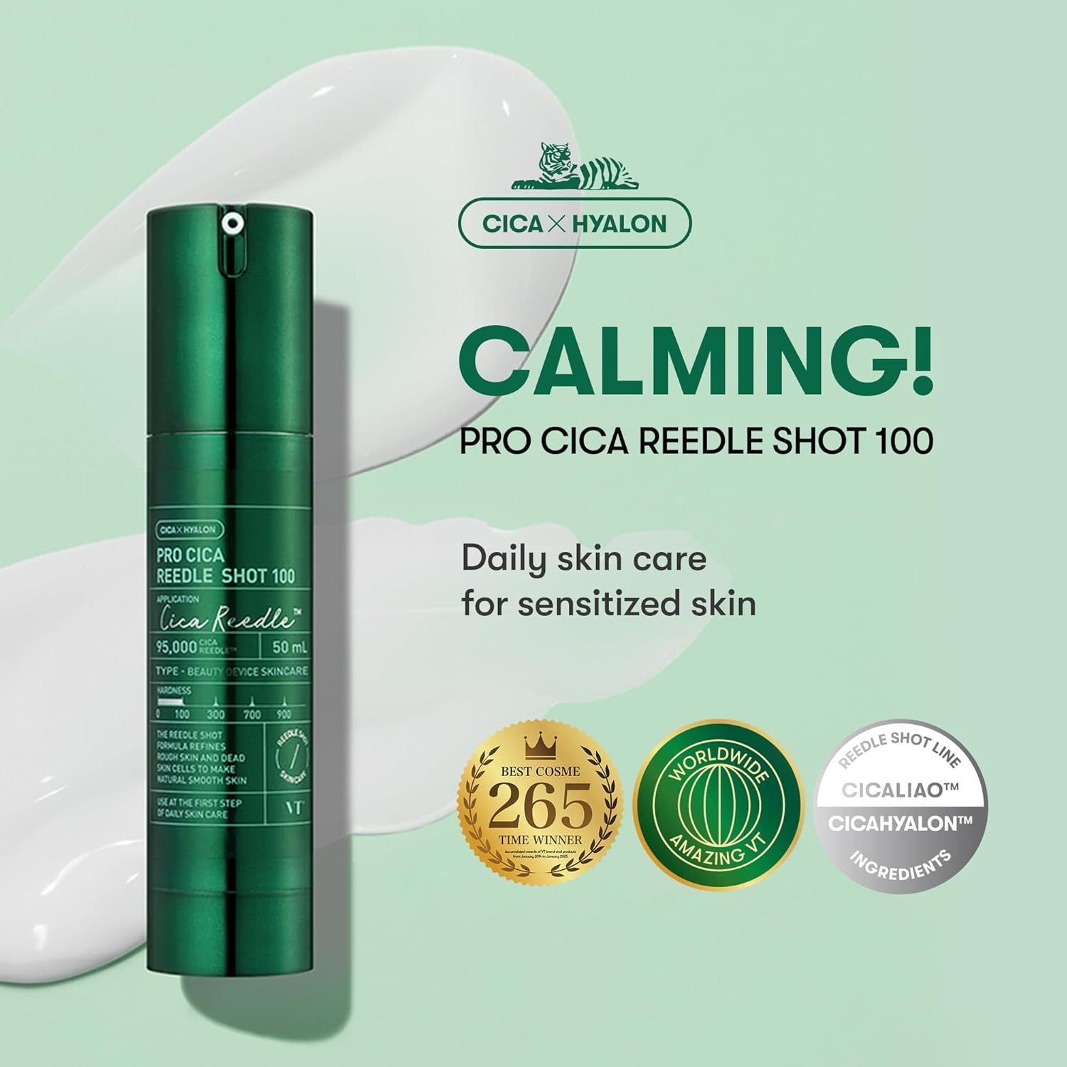 Flacone verde, testo: Pro Cica Reedle Shot 100. Riconoscimenti: Best Cosme 265, Worldwide Amazing It. Cicaliao, Cicahyalon.