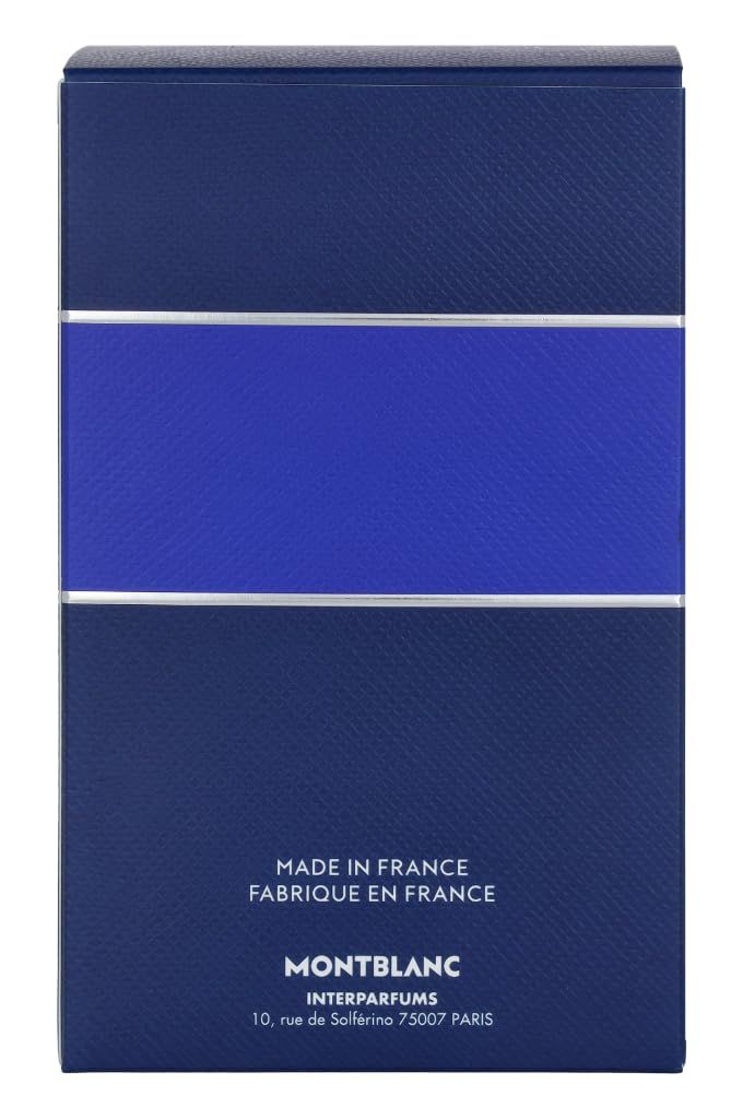 Retro della scatola blu. MADE IN FRANCE. Logo Montblanc. Indirizzo: 10, rue de Salférino 75007 Paris.